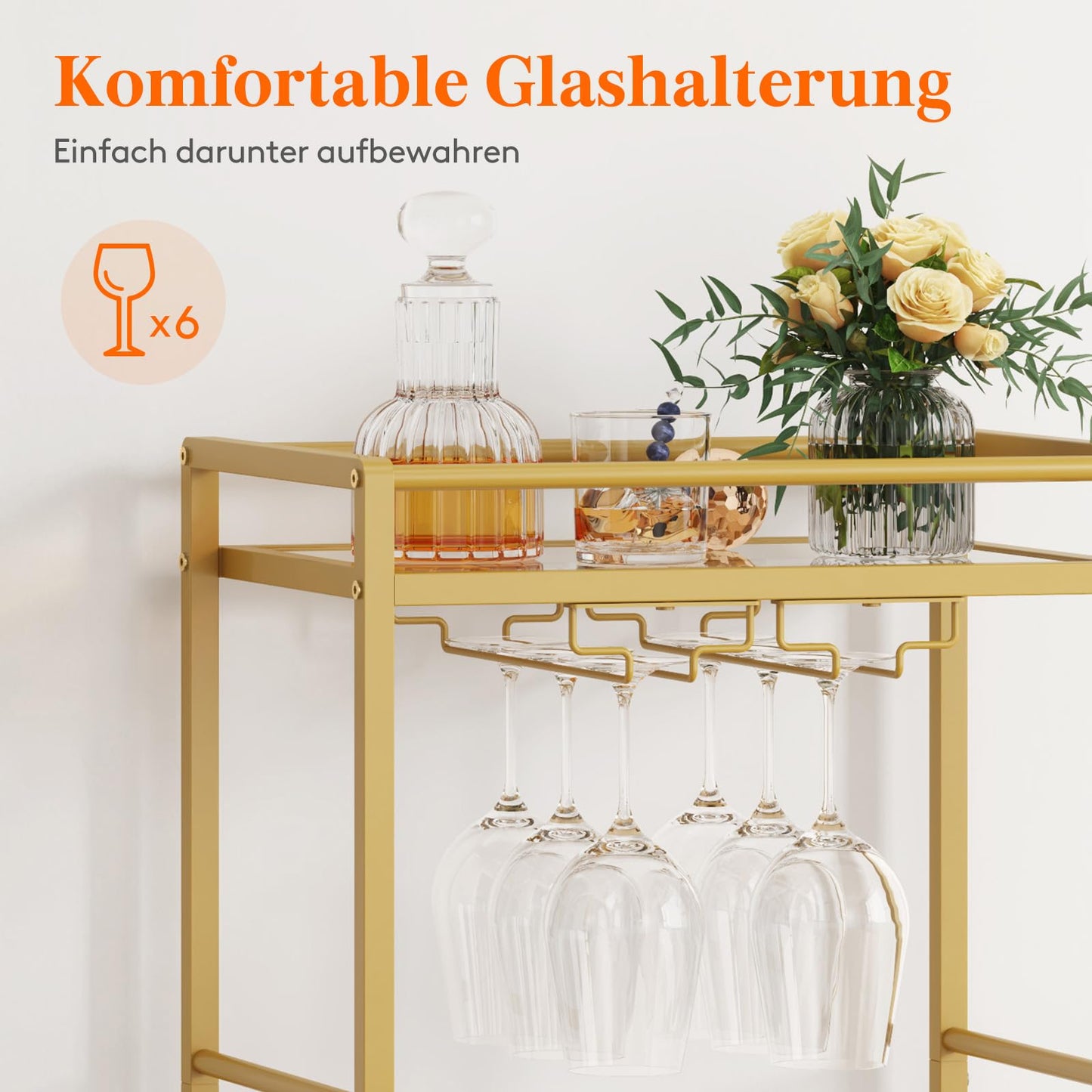 Lifewit Servierwagen, Barwagen auf blockierbaren Rädern, rollender Küchenwagen mit 2 verspiegelten Ebenen, Wein Spirituosen Wagen mit Glashalter, Cocktail Barwagen für Küche & Wohnzimmer, Gold