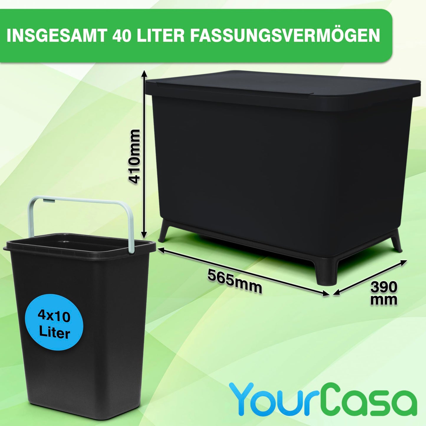 YourCasa® Mülleimer Küche 4 Fächer [40L] im exklusiven Design - Mülltrennsystem mit Deckel und Fuß - Abfalleimer groß mit 4x10L herausnehmbaren Eimern Küchenabfalleimer recycling (Schwarz, 40 Liter)