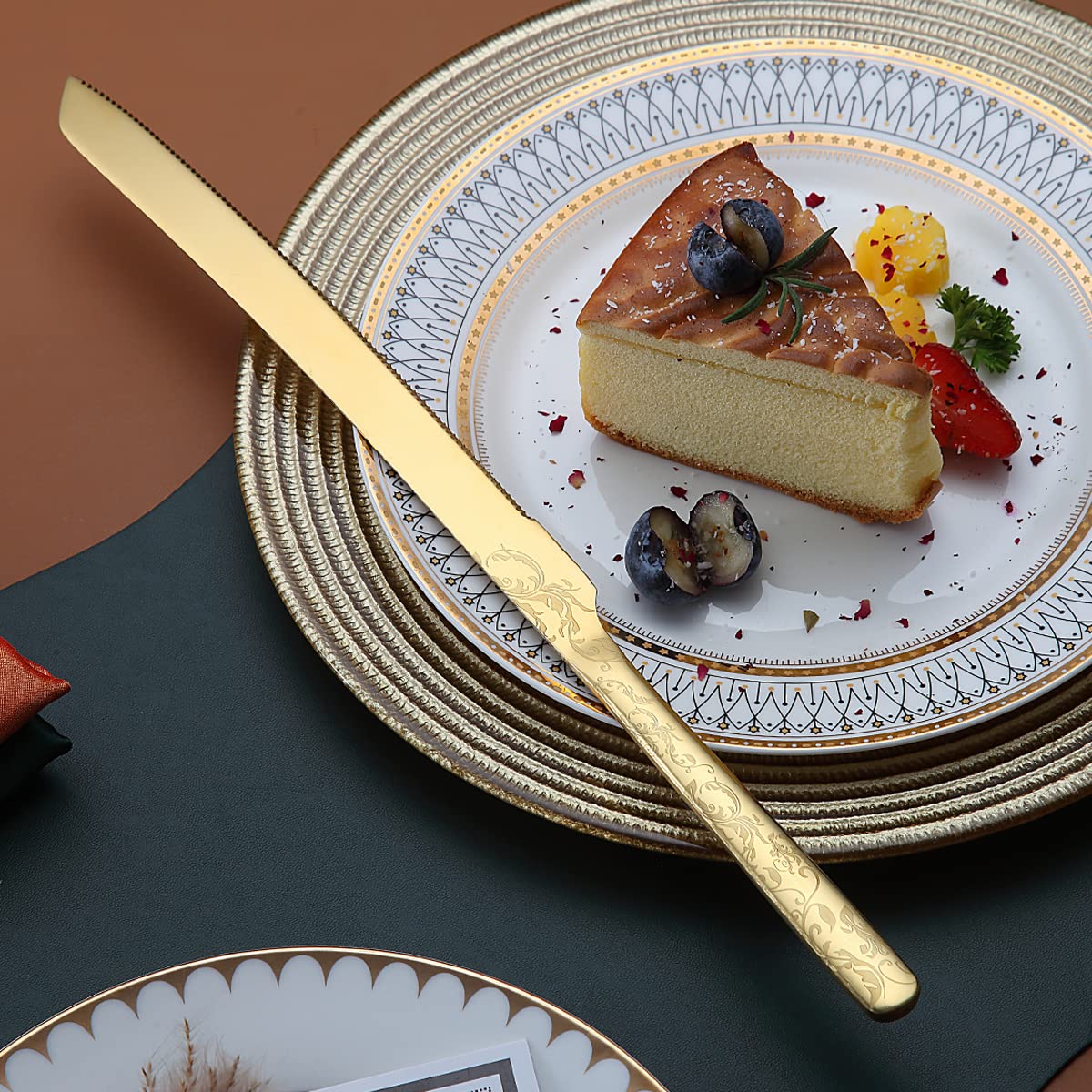 Berglander Gold Hochzeitstorte Messer und Servierset, Titan Vergoldung mit einzigartigem Muster Design Tortenmesser Servierset Perfekt für Hochzeit, Geburtstag, Partys