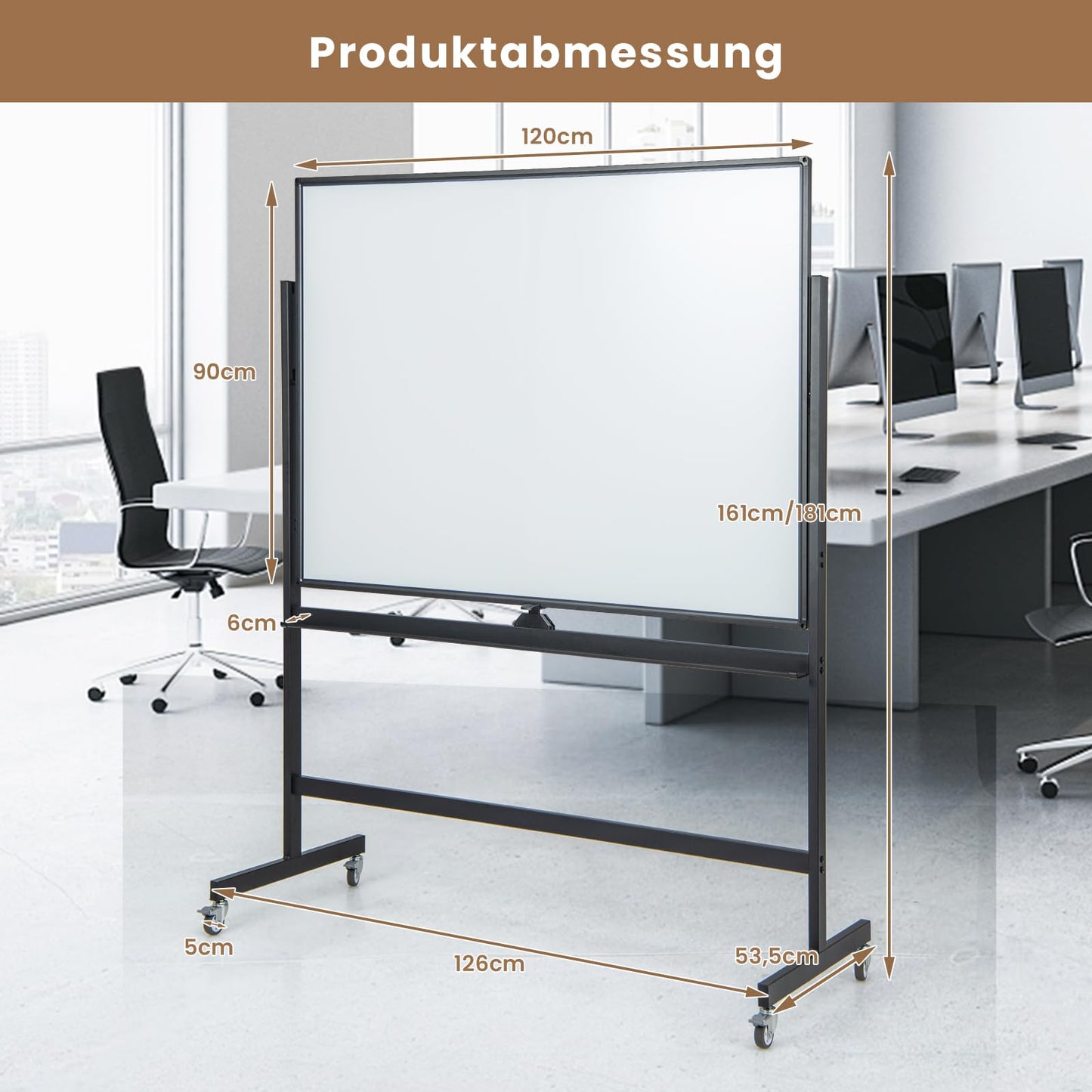 COSTWAY Doppelseitiges mobiles Whiteboard, 120 x 90 cm, Trocken abwischbares magnetisches Whiteboard mit Gittermuster, Rollen, Ständer und Stiftablage, inkl. Zubehör für Büro, Zuhause (Schwarz)