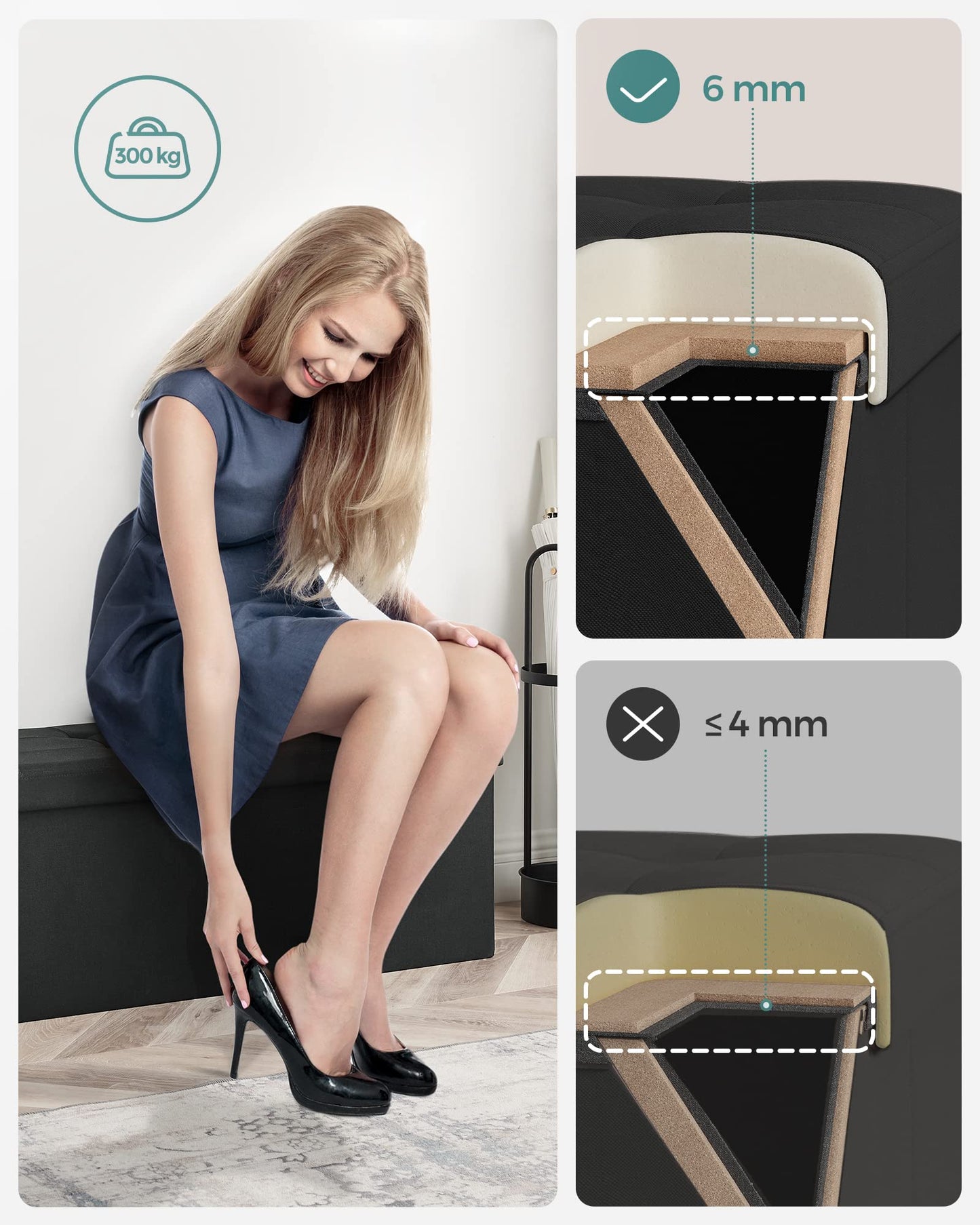 SONGMICS Sitzhocker mit Stauraum, klappbare Sitzbank, 38 x 110 x 38 cm Fußbank, Aufbewahrungsbox, bis 300 kg belastbar, für Wohnzimmer Schlafzimmer Flur, tintenschwarz LSF077B01