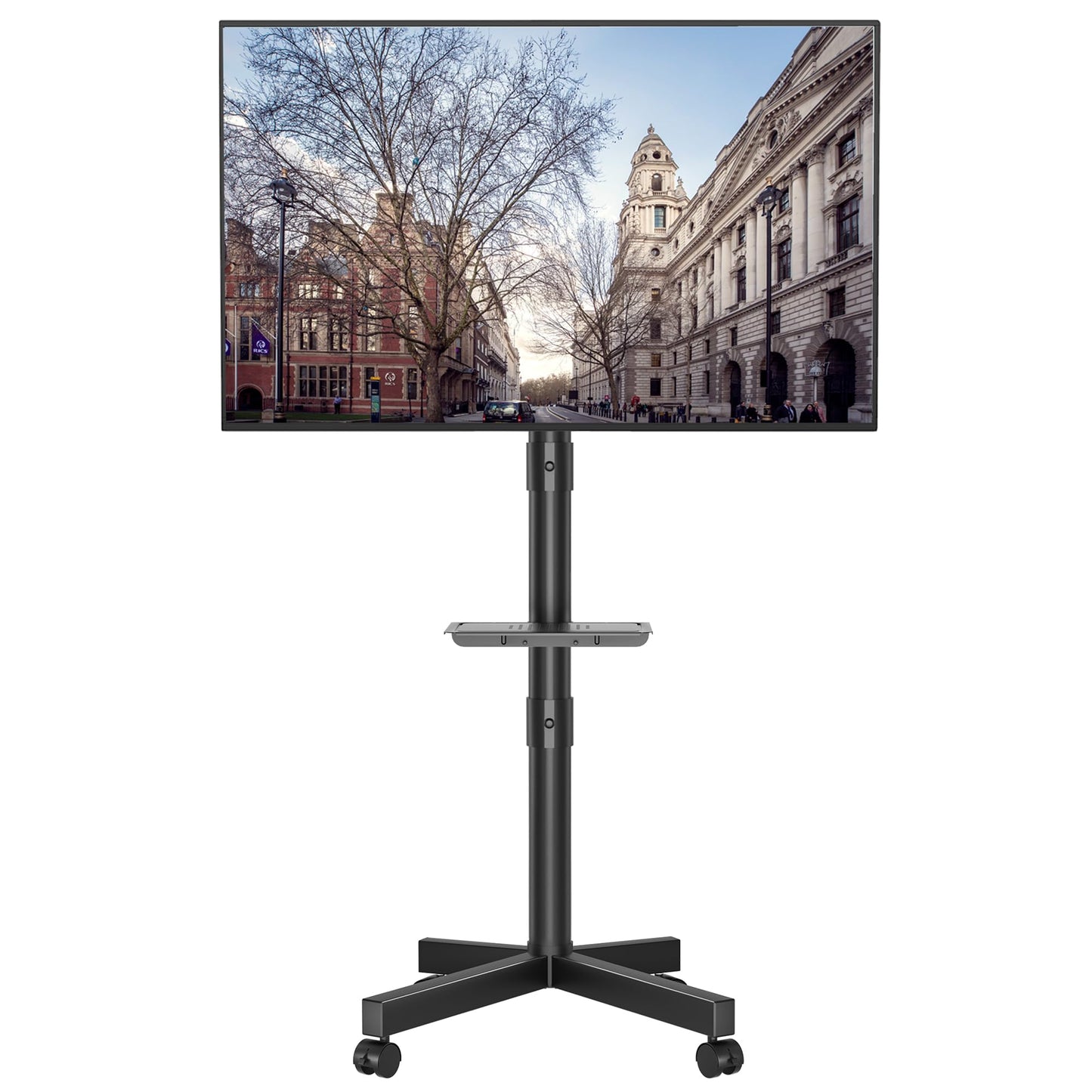 BONTEC TV Ständer auf Rollen, Neigbar, Höhenverstellbarer Rollbarer TV Ständer Rollbar mit Medienablage für 23–60 Zoll LED, LCD, OLED-Flach- und Gebogene Fernseher, hält bis zu 25 kg