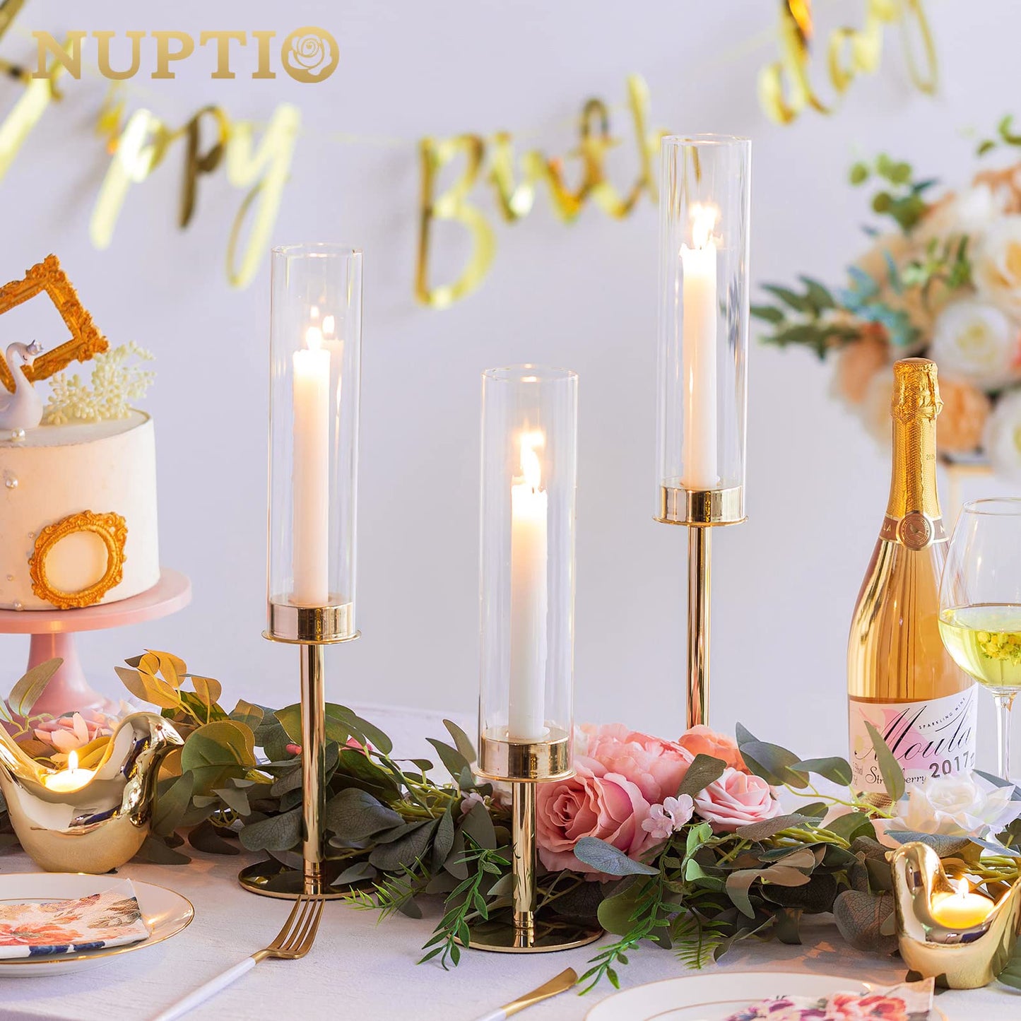 Nuptio Glaszylinder Kerzenständer Metall Gold - 18 Stücke Kegel Kerzenhalter Stabkerze Pack ür Kerzen, Klarglas Hurricane Schatten Spitze Kerzen Modern Hochzeit Weihnachten Tisch Abendessen Kamin