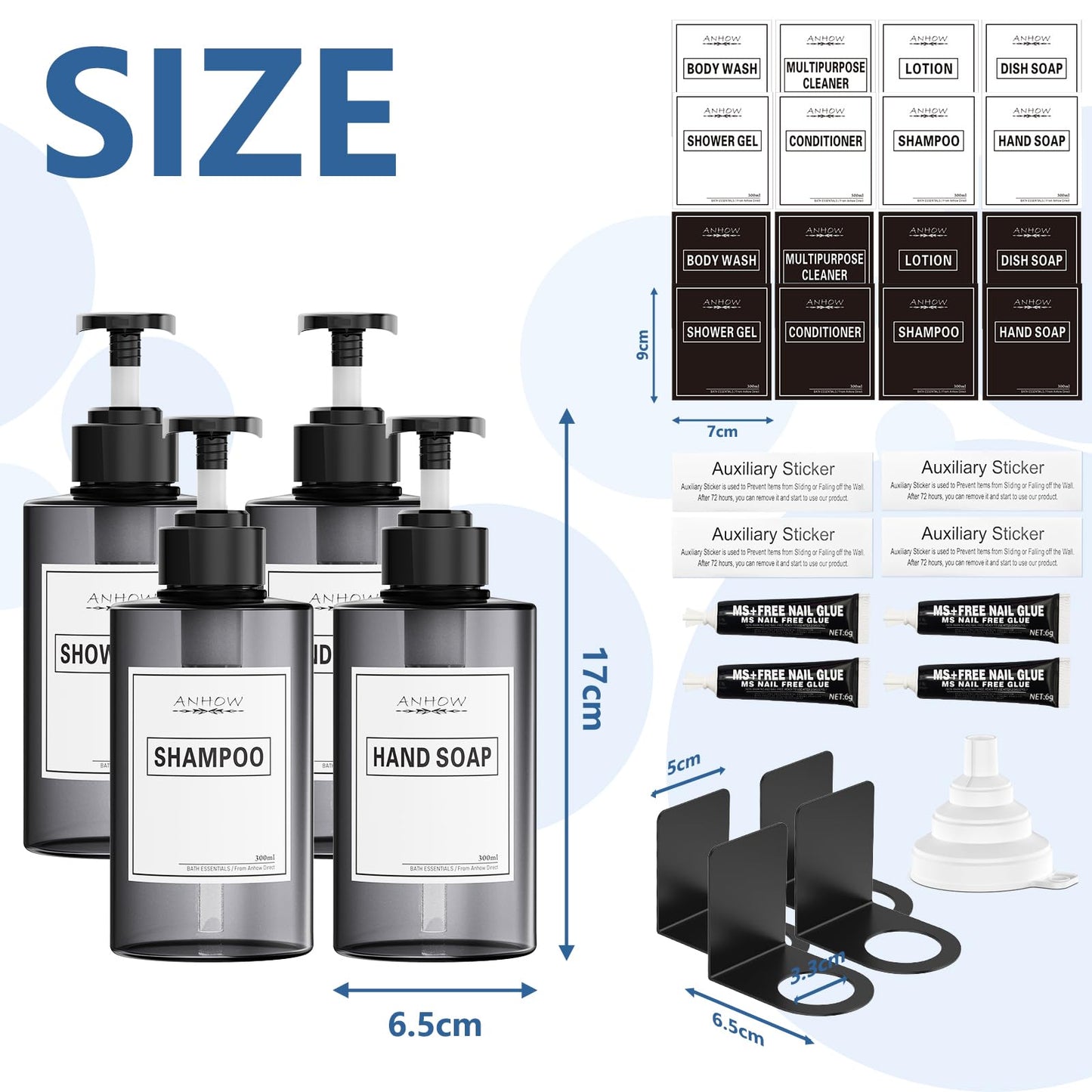 Anhow 4er Seifenspender Wandbefestigung Set, 300ml Seifenspender Wand Ohne Bohren Leere Duschgel Spender mit 12er Kategorie Etikett für Dusche/Küche/Badezimmer - Grau