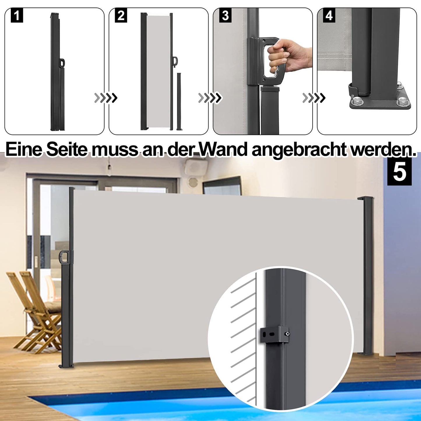 HENGMEI 180x300cm Seitenmarkise ausziehbar Sonnenschutz Sichtschutz Windschutz Verschiedene Größen für Terrasse Camping Garden (180 cm, Grau)