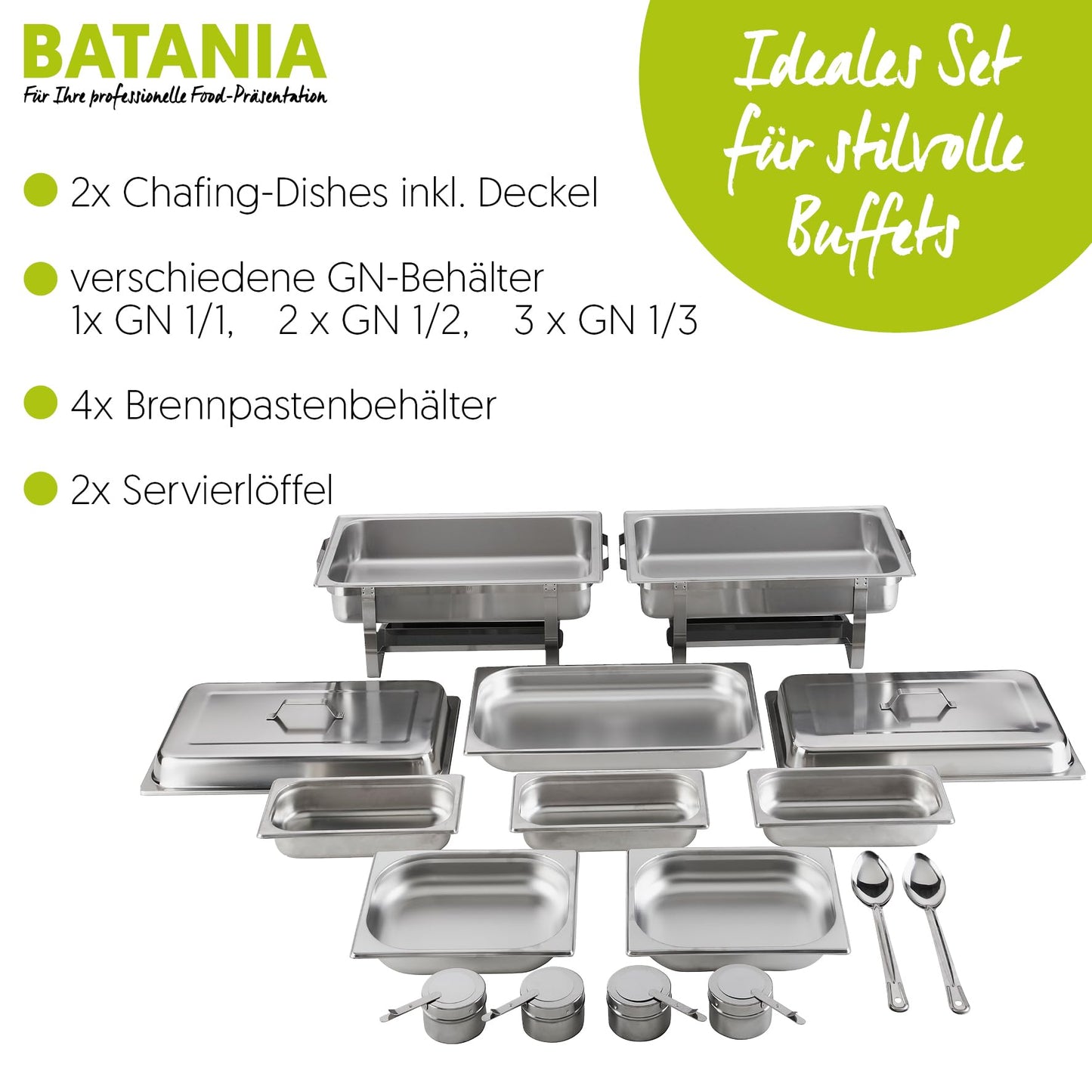 Batania 2 Chafing Dishes/Speisewärmer, 14-teilig, Gastronomiequalität, Edelstahl – Robuste Wärmebehälter für Buffet, Catering und Grillabende