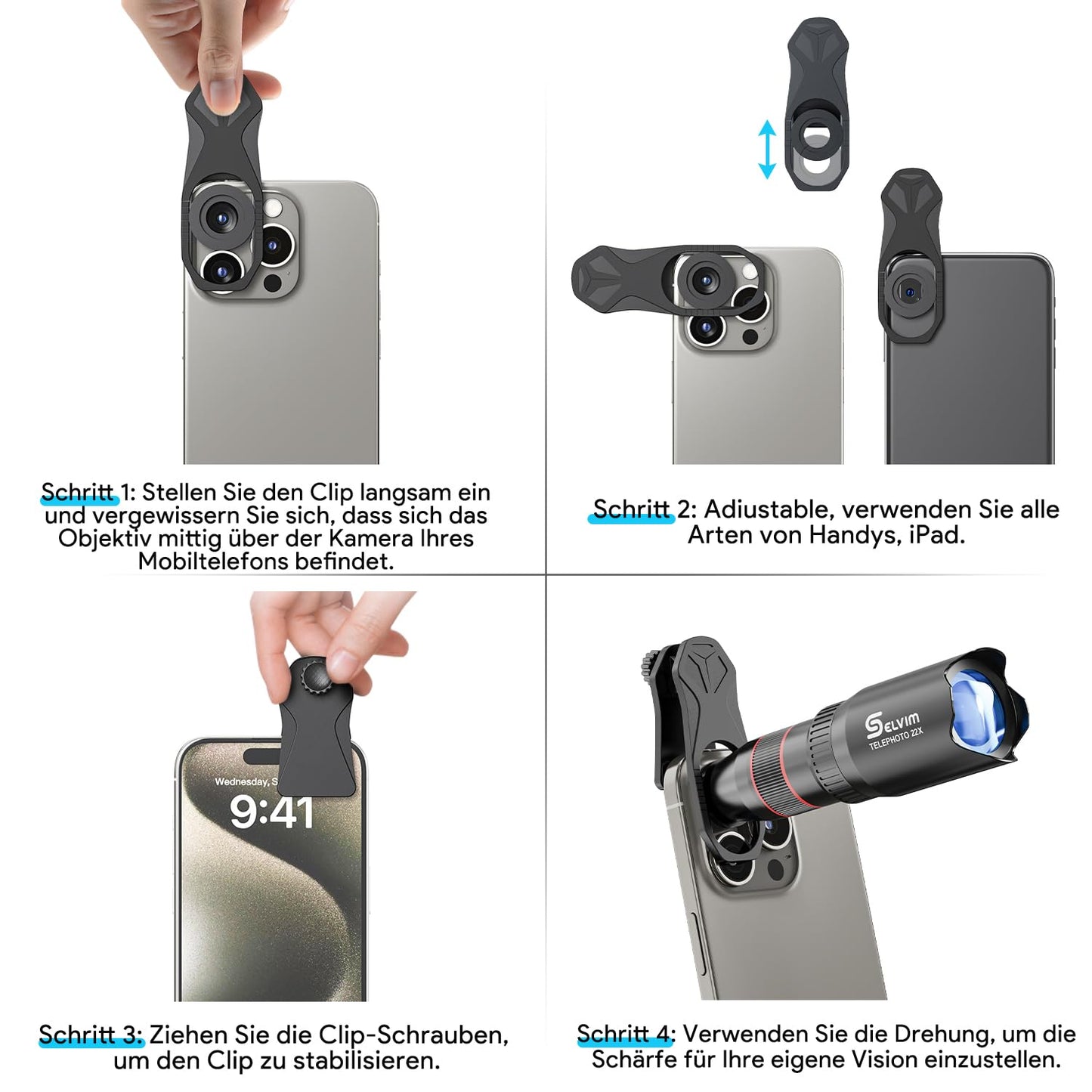 Selvim Handy Objektiv Linse Kit Lens Set 22X Teleobjektiv, 25X Makro Objektiv, 0,62X Weitwinkel, 235° Fischaugenobjektiv für iOS iPhone und meisten Android Smartphone Schwarz