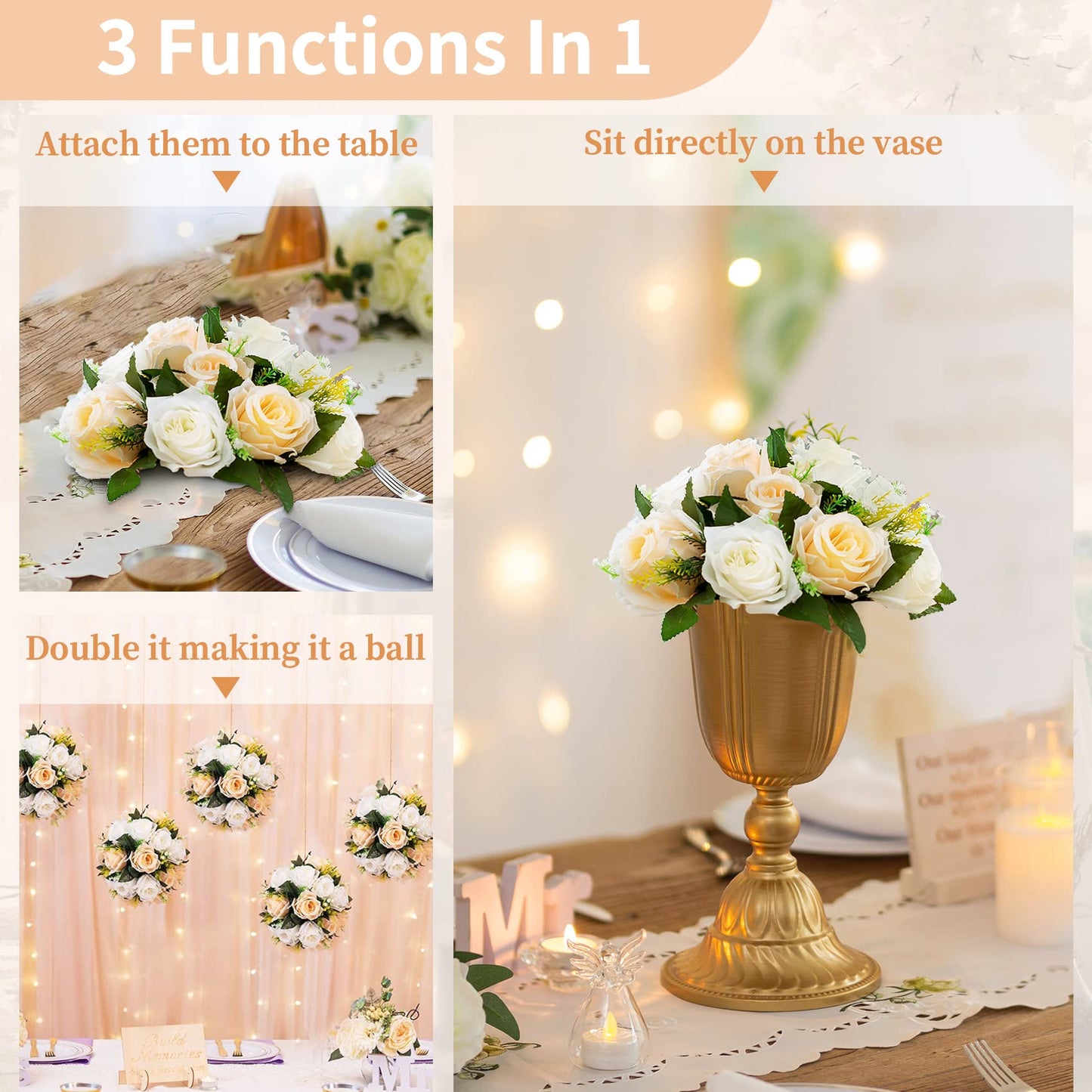 NUPTIO 2 Stück Künstliche Blumenstrauß, 15 Köpfe Kunststoff Rosen mit Sockel, Geeignet für Unser Geschäft Hochzeit Herzstück Blumenregal für Parteien Valentinstag Dekoration(Champagner & Weiß)