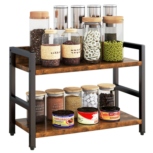 IBUYKE Gewürzregal mit 2 Ebenen, Küchenregal, für Arbeitsplatte, Schreibtisch Organizer,Aufbewahrung für Gewürze,für Küche, Wohnzimmer, Büro, vintagebraun TLJ002H