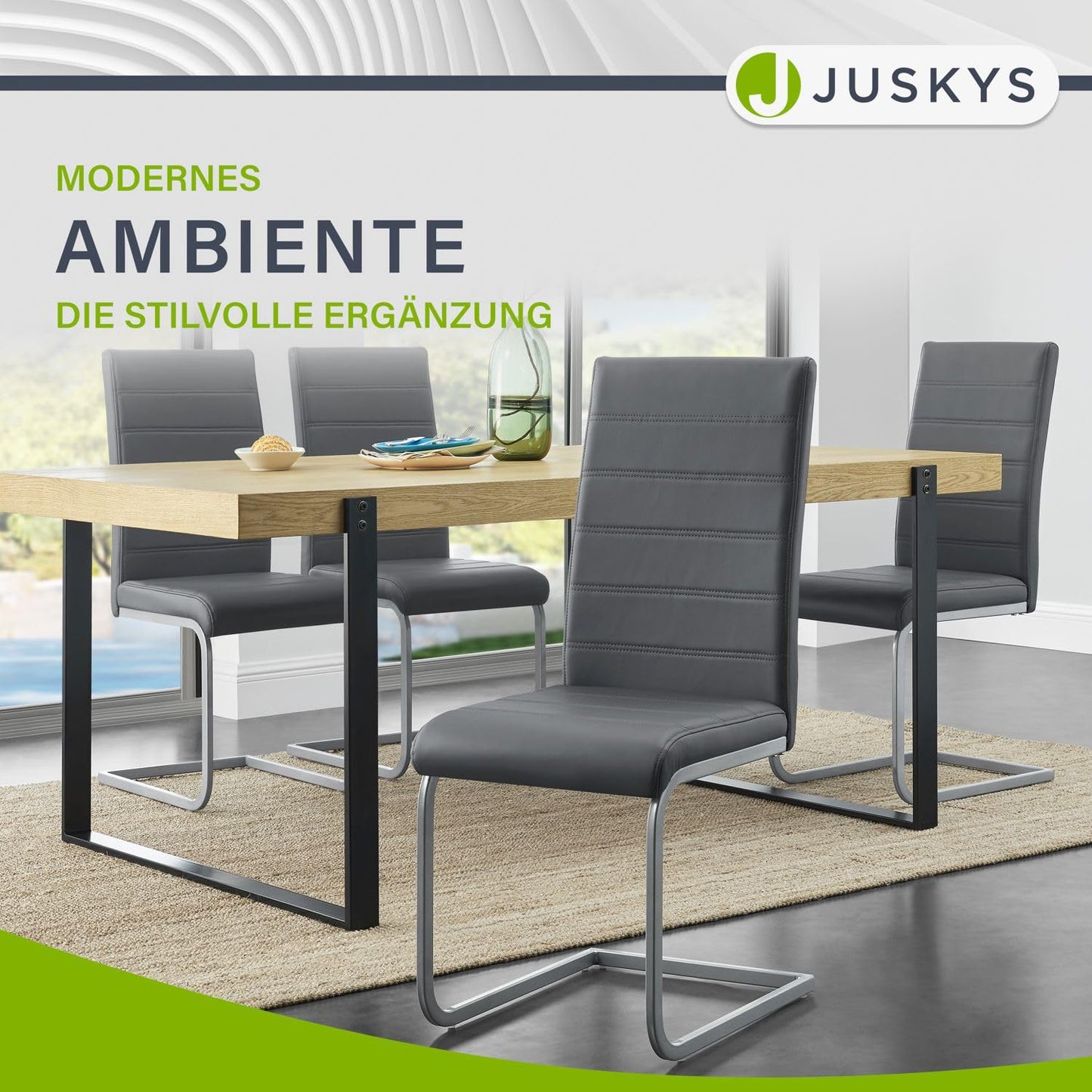 Juskys Freischwinger Schwingstuhl Vegas 4er Set - 4 Esszimmerstühle mit Rückenlehne, Küchenstühle aus Metall & Kunstleder - Stühle modern für Esszimmer, Wohnzimmer & Küche - Grau