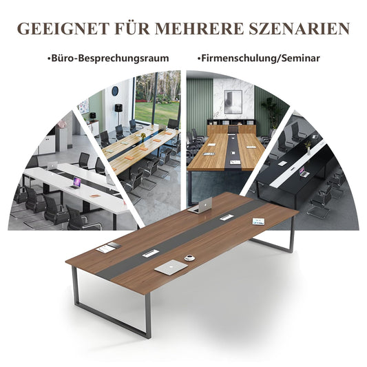 ZRBDDEF Großer Konferenztisch Dunkelgrau, Moderner Rechteckiger Meetingtisch für 8-12 Personen mit Kabelmanagement, Stabiler Metallrahmen
