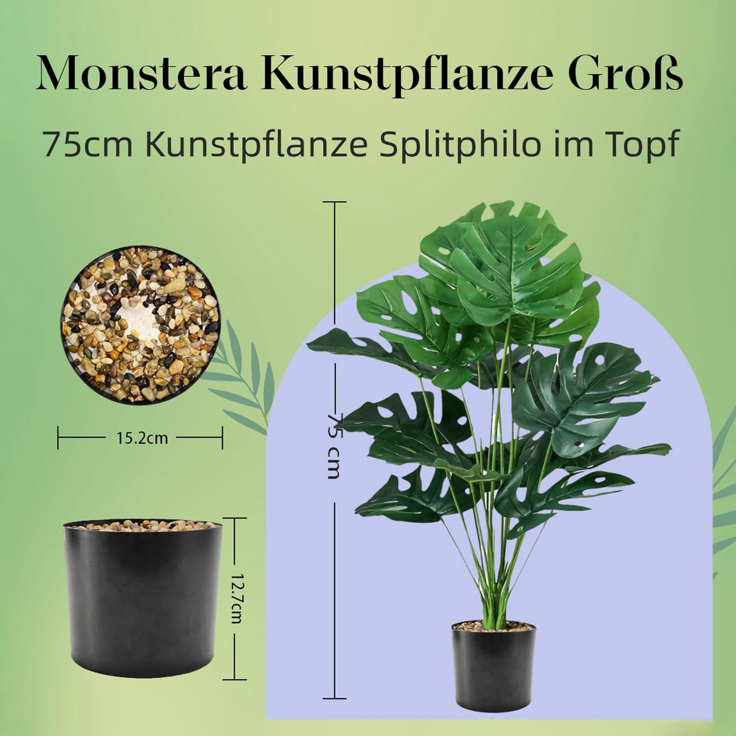 Vmhkjo Monstera Kunstpflanze Groß,75cm Hoch 18 Zweige Kunstpflanze Splitphilo im Topf Künstliche Pflanzen Tropical Hawaii Grün Fake Plant für Schlafzimmer Büro Garten Hochzeit Party Deco