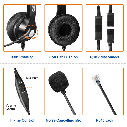 RJ45 Telefon Headset mit Mikrofon Noise Cancelling & Quick Disconnect Kabel, Festnetztelefon Kopfhörer Kompatibel mit Siemens Unify OpenStage 30 40 60 80 OpenScape, Mitel/Aastra 5370 6773 Telefone