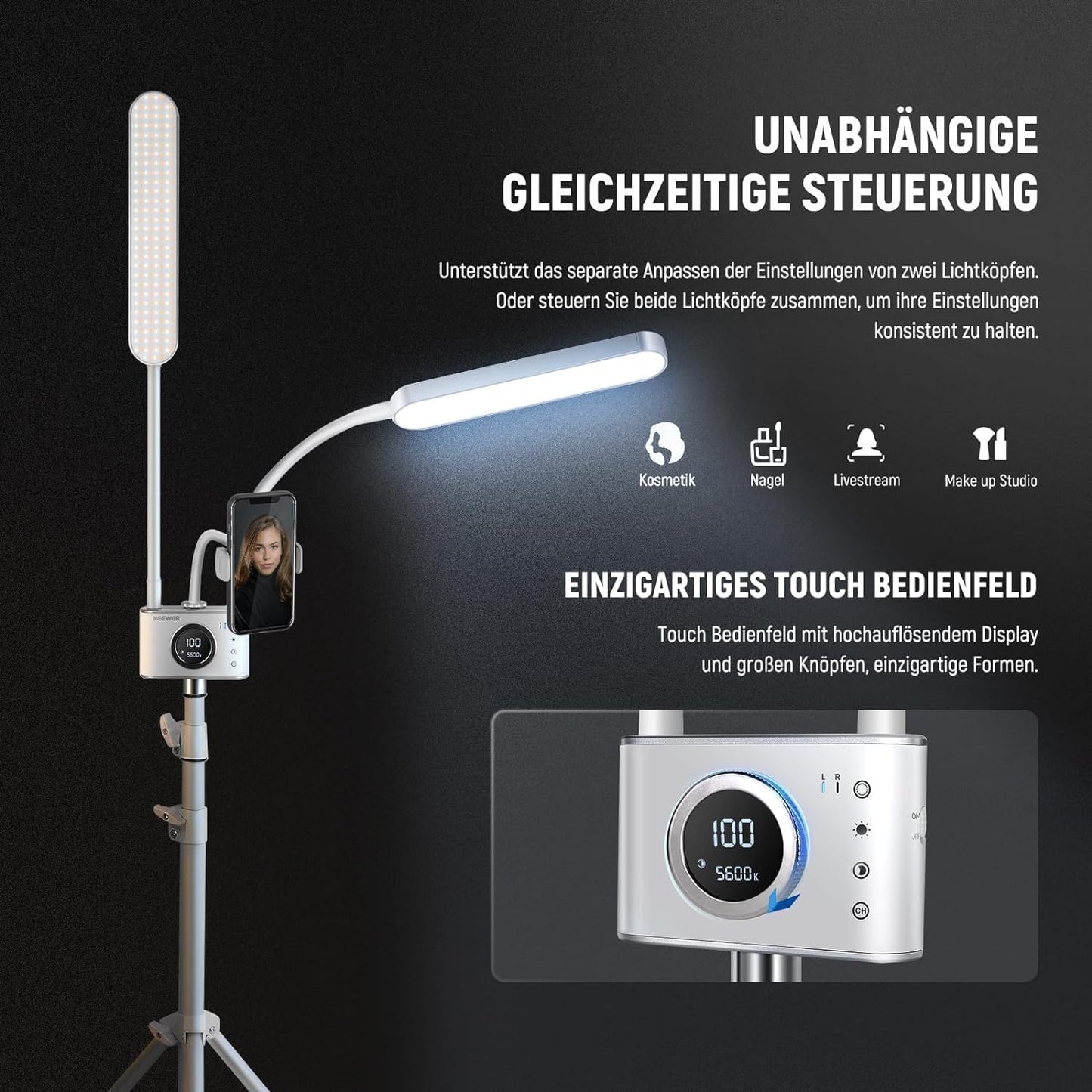 NEEWER LED Kosmetik Licht mit Handyhalter und Taschenset, Videolicht mit 2,4G/PC/MAC Steuerung, Streaming Light mit CRI98+ stufenlos dimmbare Make up Augenbrauen Tattoo Wimpern leuchte, BH40B