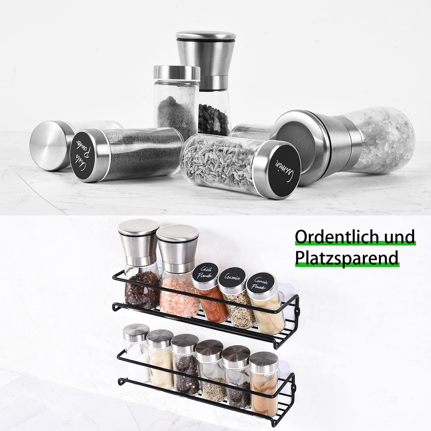 Miorkly Gewürzregal Wand 4-Teiliges Metall Gewürzhalter, Schwarz Gewürzregal Hängend Ohne Bohren Schranktür, Gewürzregal Innenschrank Küchenschrank Küchenregal Wand Hängend Spice Rack-29×8×6CM