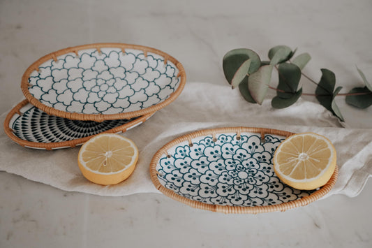 Decorasian Vintage Dekoschalen aus Keramik mit Rattan Geflecht – 3er Set Schmuckschale, Ringschale und Schlüsselschale im Boho Stil
