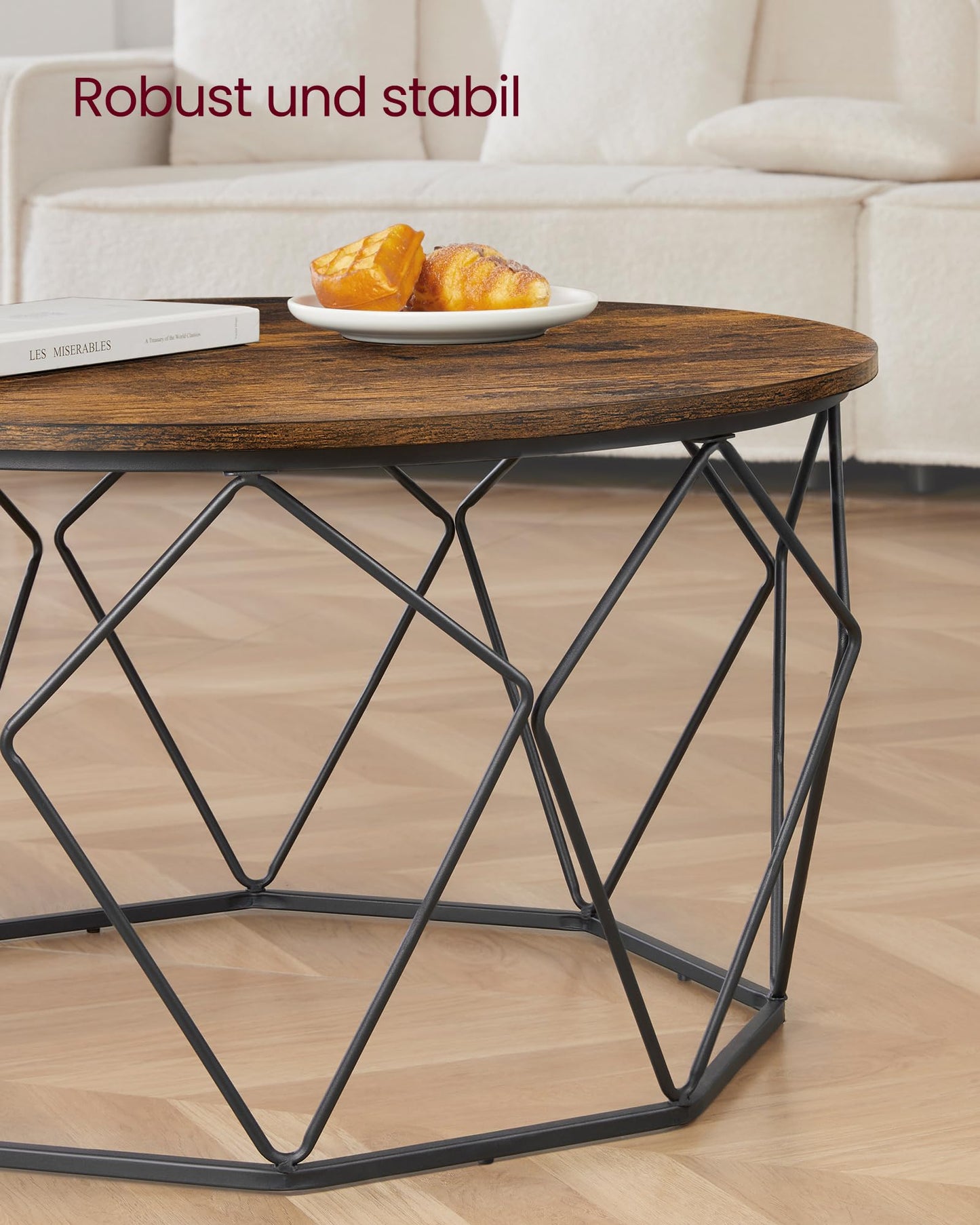 VASAGLE Runder Couchtisch, Braun, Industrie-Design, Beistelltisch mit Stahlgestell und Aufbewahrung, für Wohnzimmer und Schlafzimmer