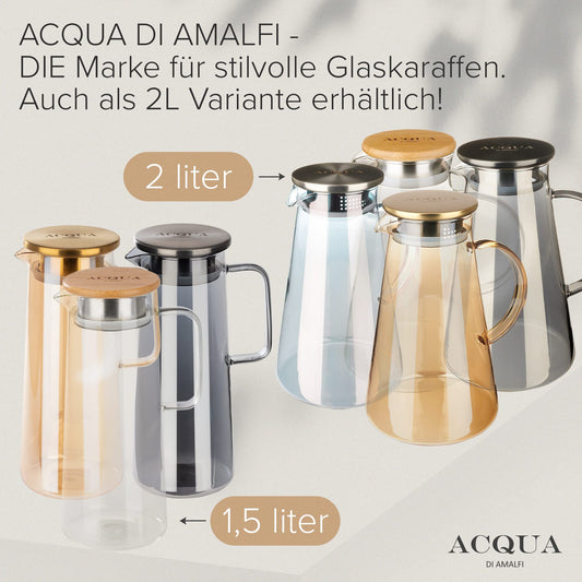 ACQUA DI AMALFI® Glaskaraffe mit Deckel | Wasserkaraffe 1,5 Liter | Glaskanne mit Deckel | auslaufsicher & hochwertig | Karaffe Glas ideal für Limonade, Wasser & Tee (GOLD/GOLD)