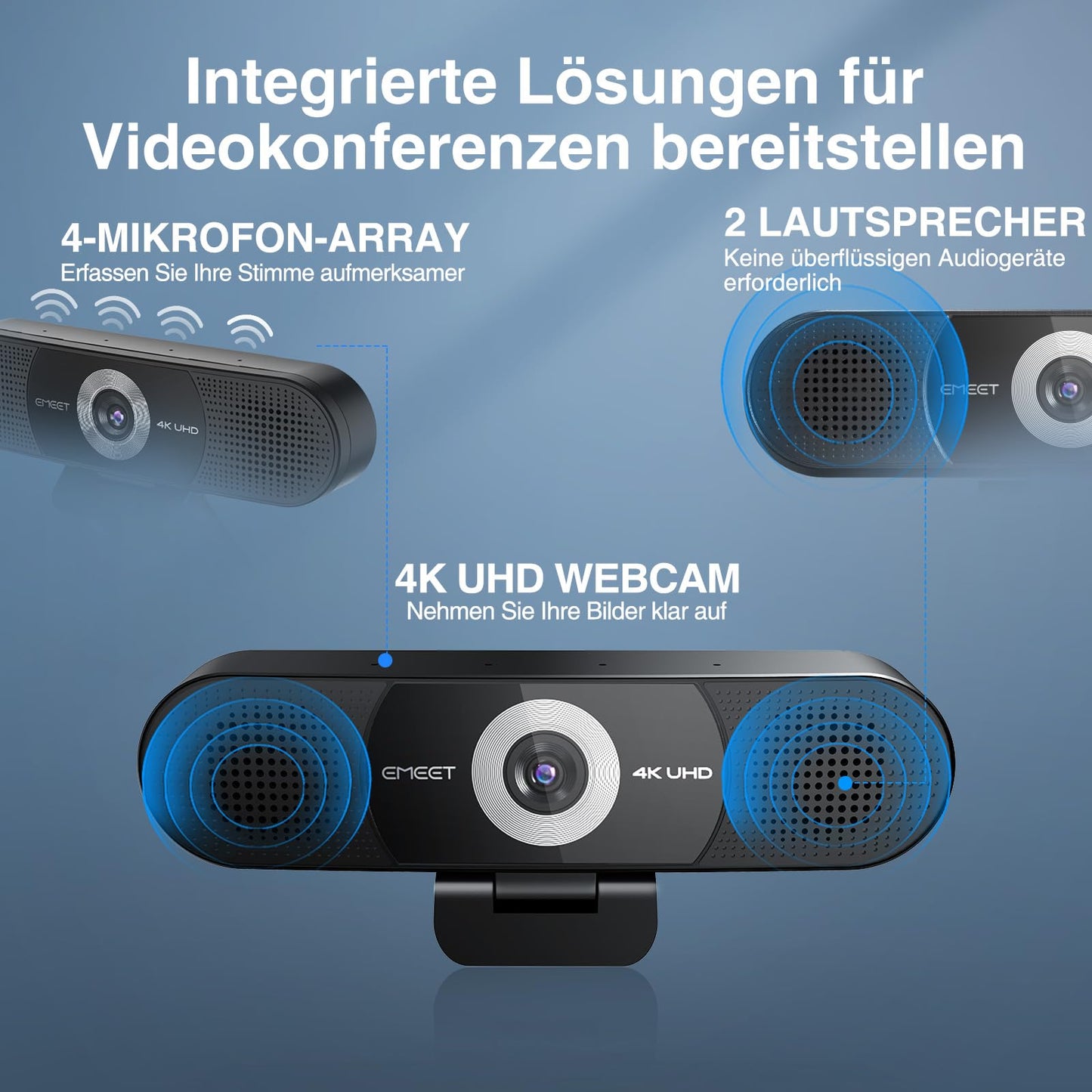 EMEET 3-in-1 4K Webcam, C980 PRO 4K Webcam mit 4 Geräuschunterdrückenden Mikrofonen und 2 Lautsprecher, 60°-98° Weitwinkel, Festem Fokus, Sichtschutz, Webcam Ideal für Gruppen- und Einzelvideoanrufe