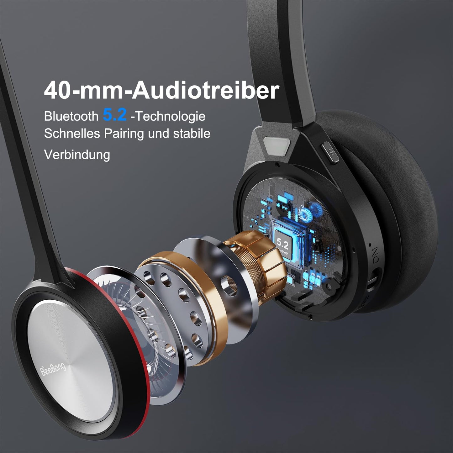 Beebang Bluetooth Headset Schwarz mit Noise-Canceling-Mikrofon, Ladestation und USB-Dongle, 40 Stunden Sprechzeit für PC, Mac und Teams