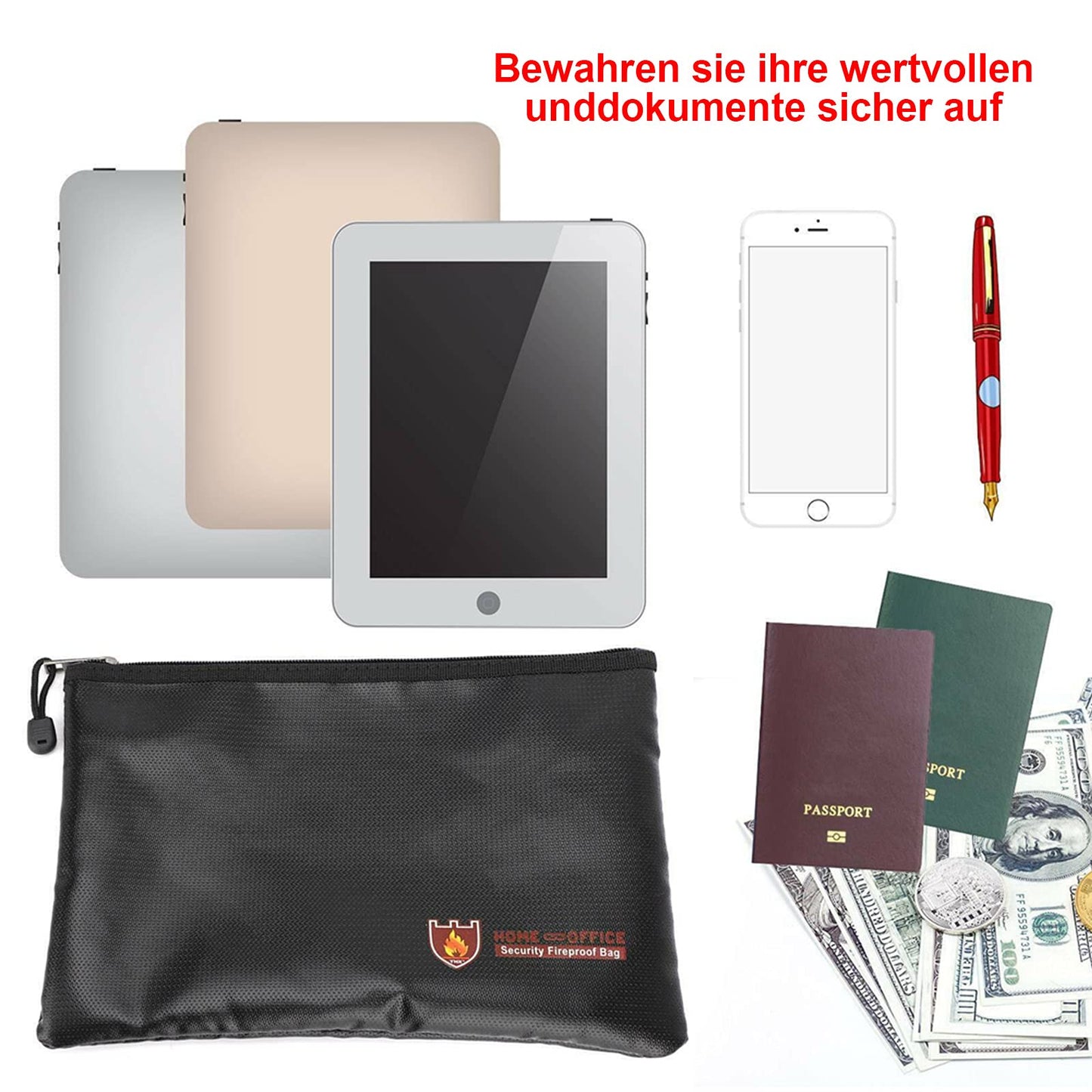 2 Stück Feuerfeste Dokumententasche 34x25cm,Wasserdichte Feuerbeständige Tasche,Tresor Feuerfest Geldscheine Aufbewahrung, Große Kapazität Aktentasche Für Dokumente/Geld/Passport/Bankdatei Und Bargeld