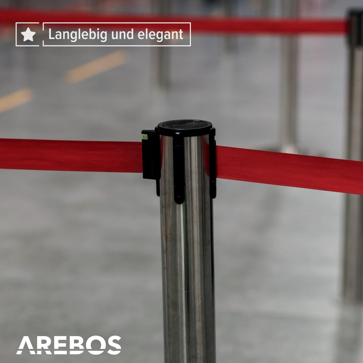 Arebos Personenleitsystem | 2 Stück | Absperrständer | Absperrband | Absperrpfosten | Abgrenzungspfosten | Bandfarbe: Rot | Bandlänge: 190 cm | im Innen- und Außenbereich einsetzbar