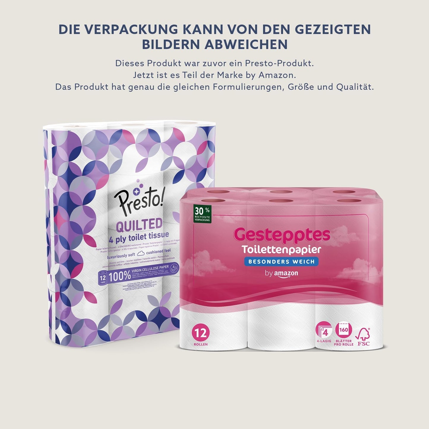 by Amazon Toilettenpapier, 4-lagig Gestepptes, Besonders Weich, 48 Rollen (12 Rollen, 4-er Pack), 160 Blätter pro Rolle, FSC-Zertifiziert