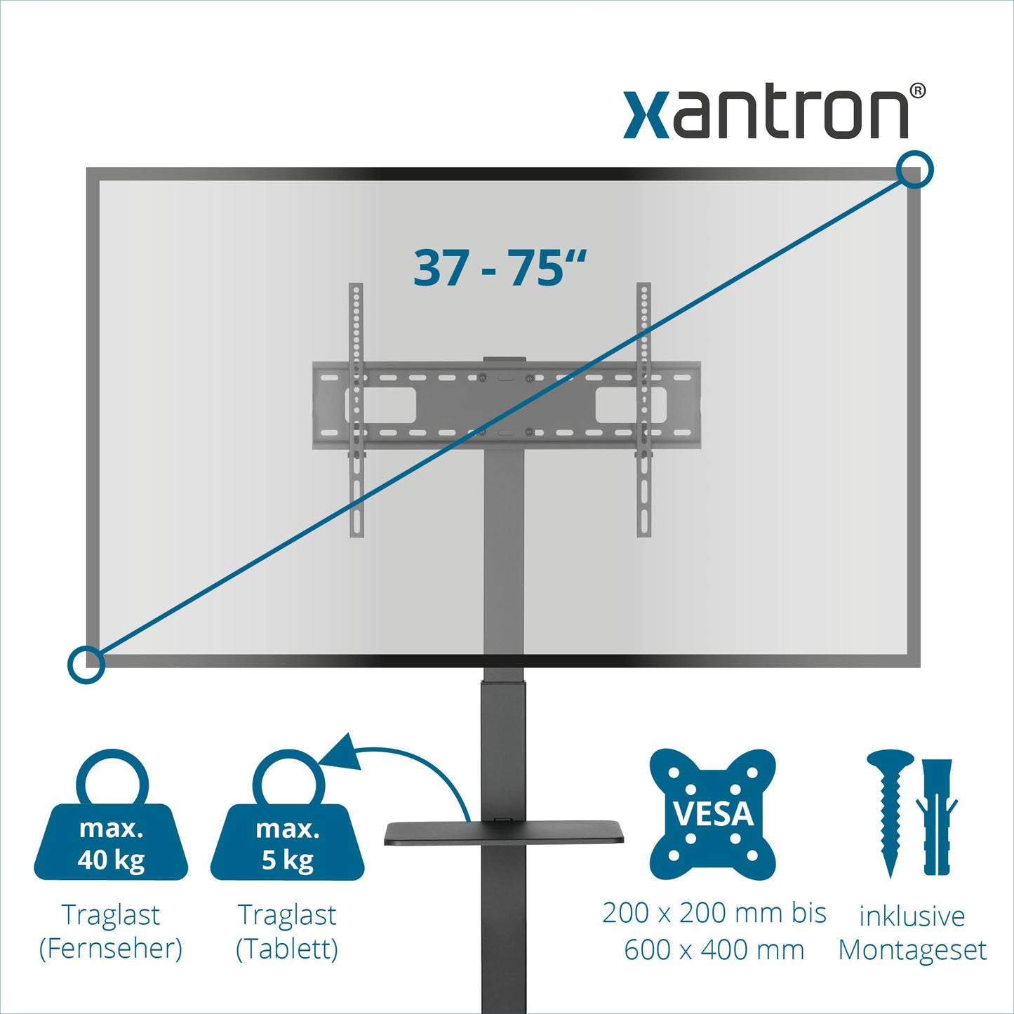 Xantron® TV Ständer Rollbar Höhenverstellbar für TVs bis 75 Zoll [mit Ablagefläche] Fernsehständer mit Rollen/Fernseher Bodenständer/Fernseher Halterung stehend/TV Rollwagen