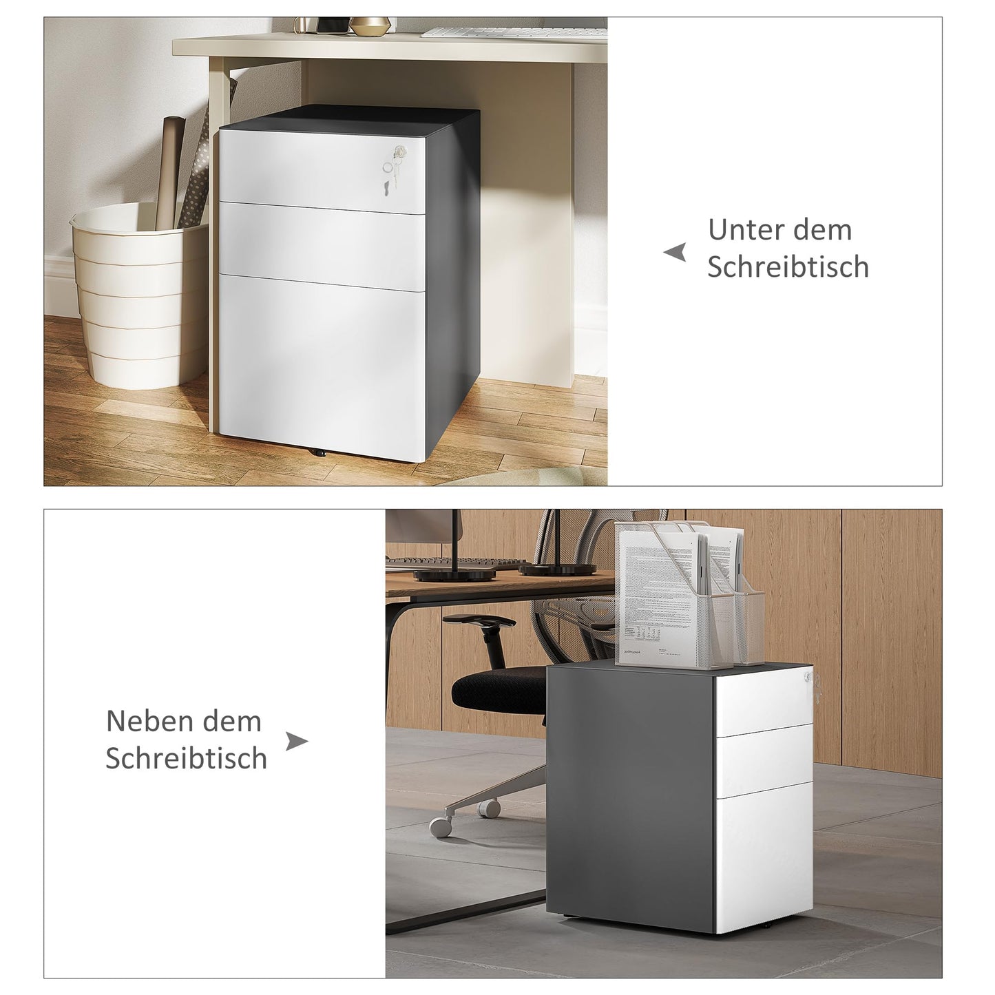 Vinsetto Rollcontainer, mobiler Aktenschrank mit 3 Schubladen, abschließbarer Büroschrank mit Hängeregistratur, Aufbewahrung, Stahl, 39 x 48 x 59 cm Weiß+Grau