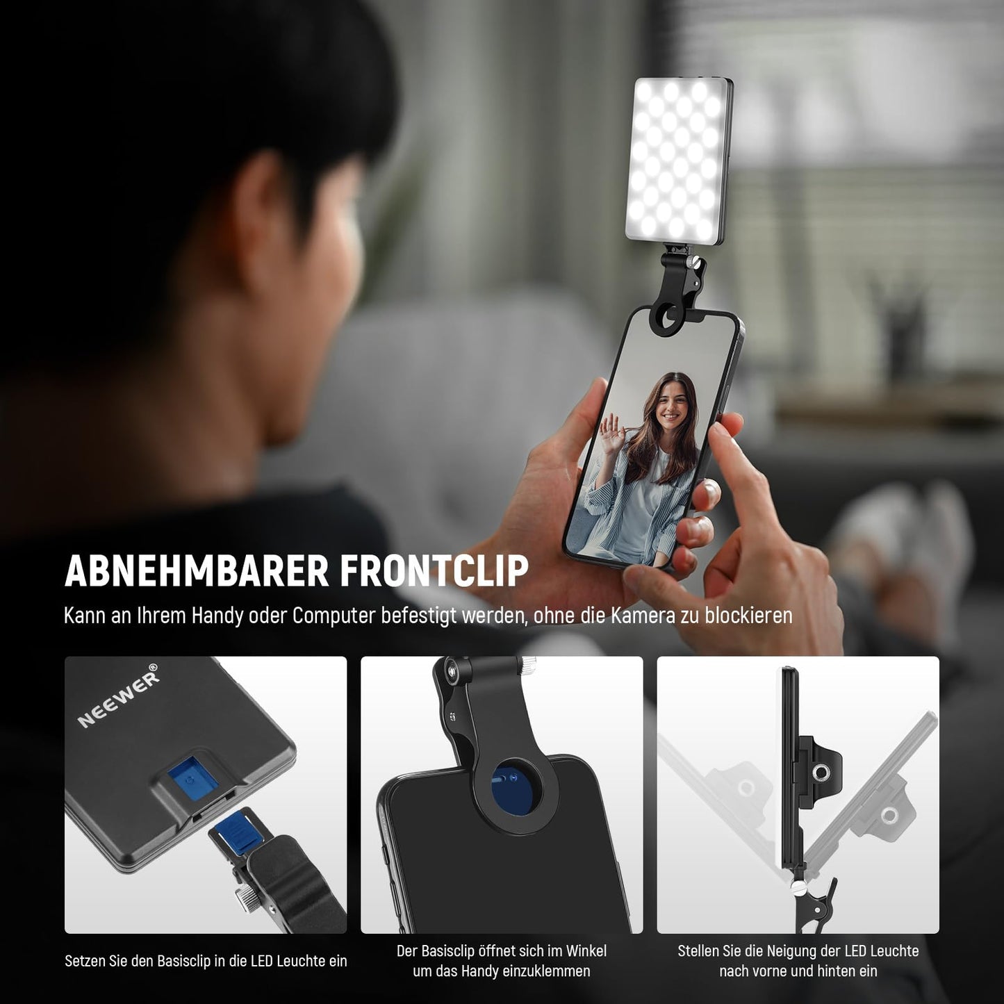 NEEWER Basic Clip On Selfie Licht kompatibel mit iPhone, 2000mAh wiederaufladbares LED Videolicht mit Handy Clamp für Computer Webcam, Laptop, Zoom Videokonferenzen, Make up Fotografie, NL-60AI