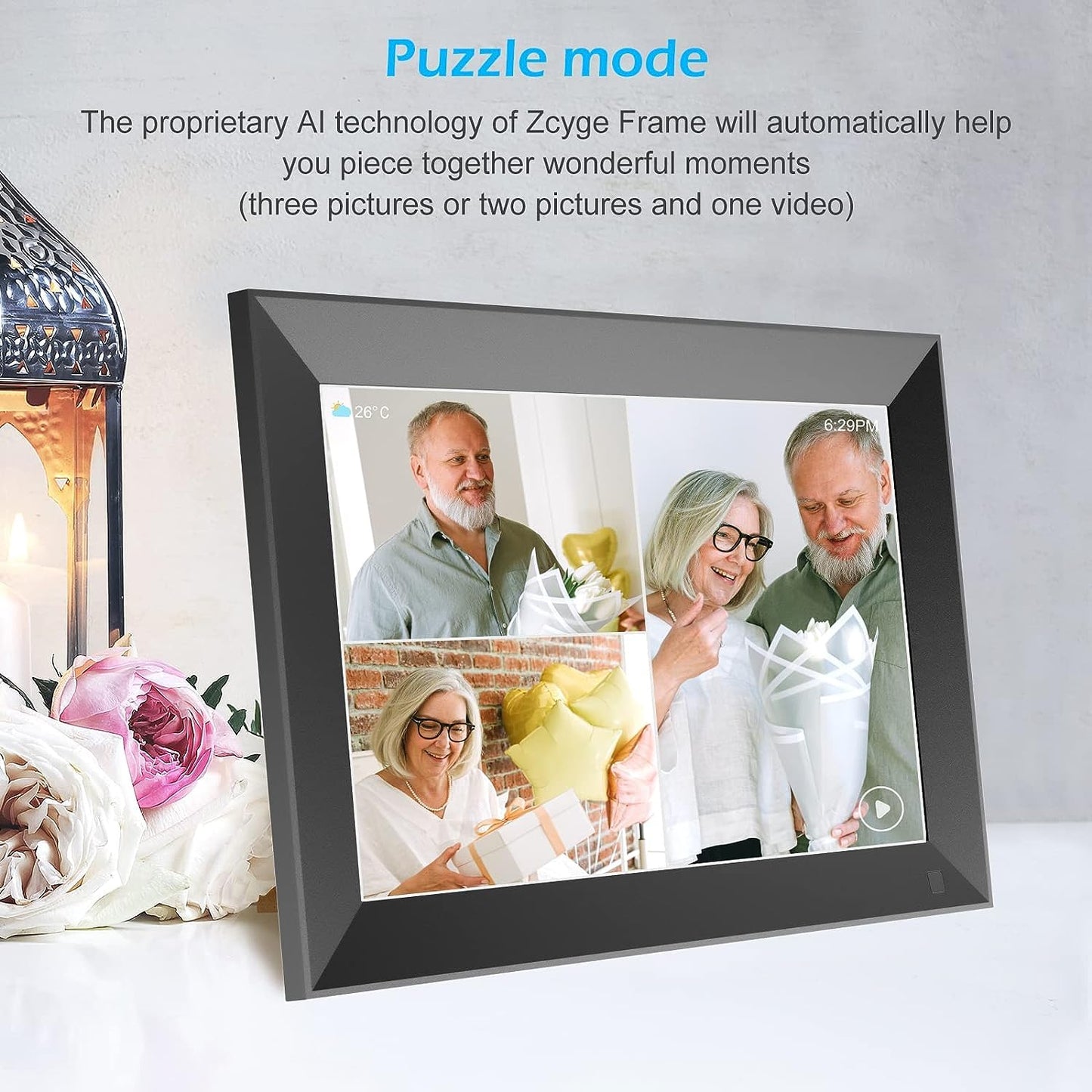 Zcyge WLAN Digitaler Bilderrahmen 10.1 Zoll，Videoclips und Fotos sofort per E-Mail oder App teilen，Automatische Bilderdrehung, Energiesparender Bewegungssensor,Schwarz…
