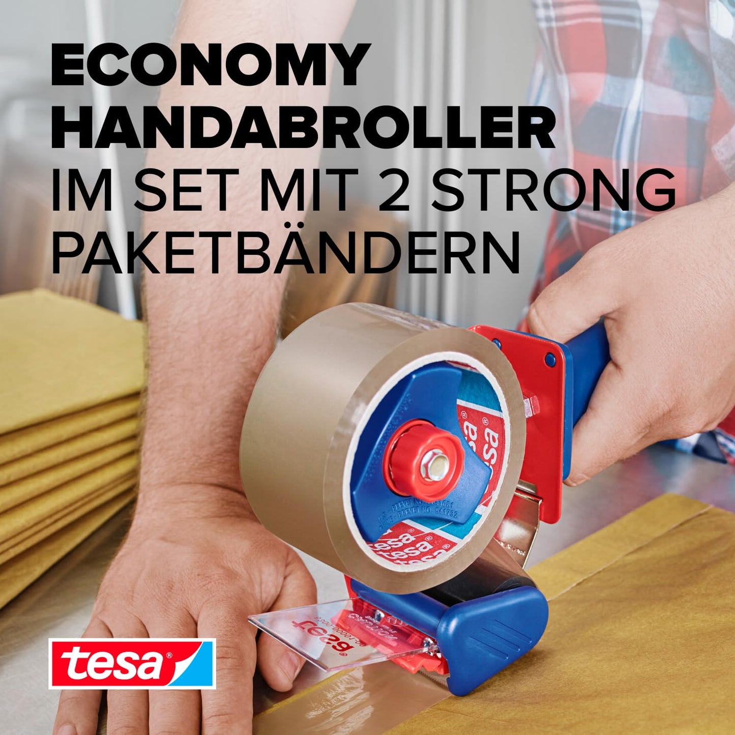tesa Paketband-Abroller und tesapack Paketbänder im Set - 2 x hochwertiges Packband inklusive 1 Abroller - Transparent - 66 m x 50 mm