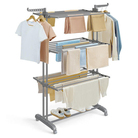 SONGMICS Wäscheständer, Standtrockner 4 Ebenen, Flügelwäscheständer, klappbare Flügel, mit Rollen, 63,5 x 128 x 173 cm, groß, einfacher Aufbau, für Innen- und Außenbereich, grau LLR701G01