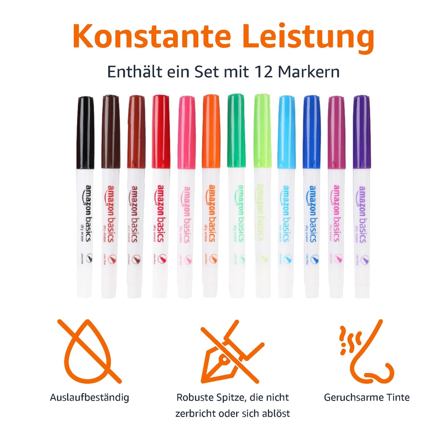 Amazon Basics Whiteboard-Marker, geruchsarm, ultrafeine Spitze, trocken abwischbar, Bunt, 12 Stück