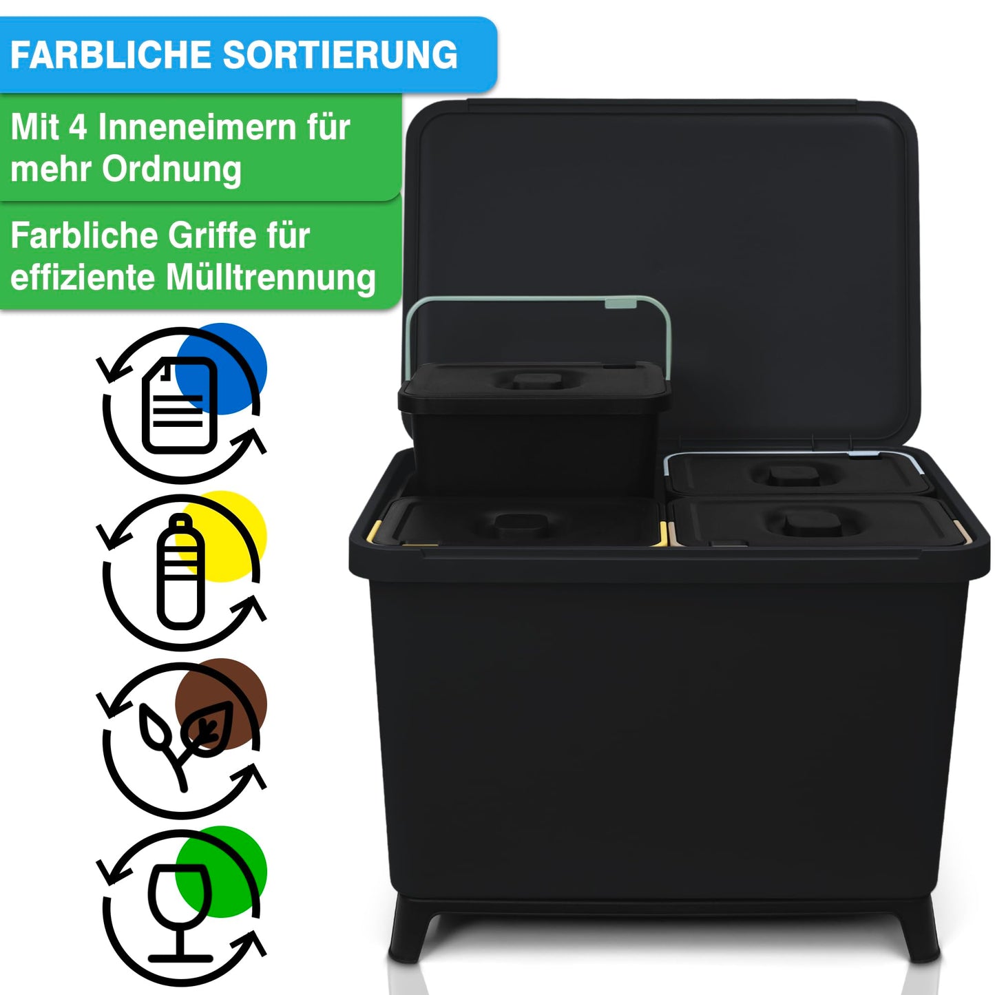 YourCasa® Mülleimer Küche 4 Fächer [40L] im exklusiven Design - Mülltrennsystem mit Deckel und Fuß - Abfalleimer groß mit 4x10L herausnehmbaren Eimern Küchenabfalleimer recycling (Schwarz, 40 Liter)