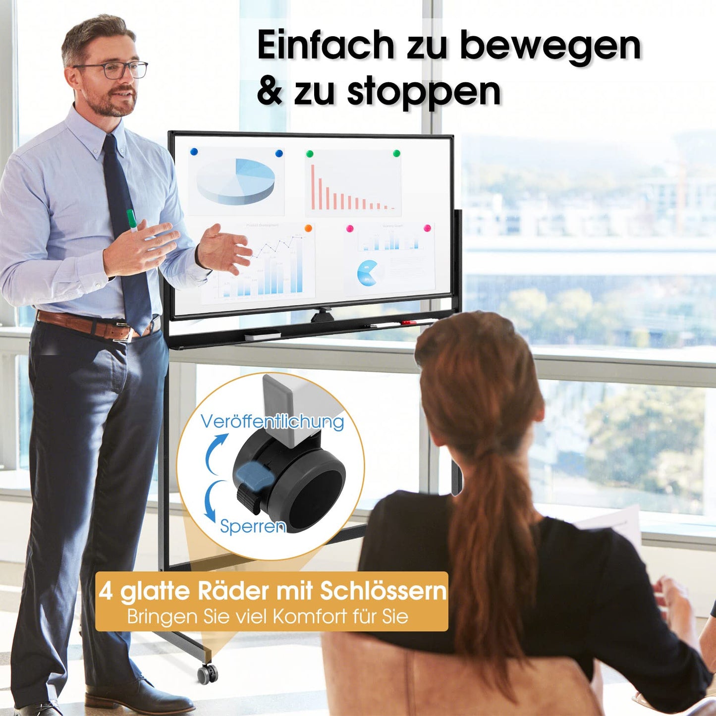 GOPLUS Whiteboard magnetisch mit Ständer, doppelseitiges Whiteboard mit Zubehör Set, Trocken abwischbar, mobiles Whiteboard höhenverstellbar, für Schule, Büro, Zuhause (Schwarz, 120 x 60cm)