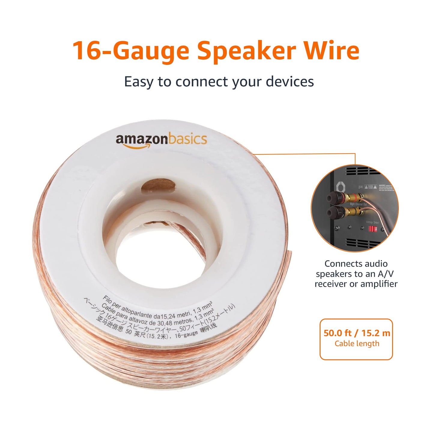 Amazon Basics 16-Gauge Speaker Wire - 15,24 m(50 ft), Transparent