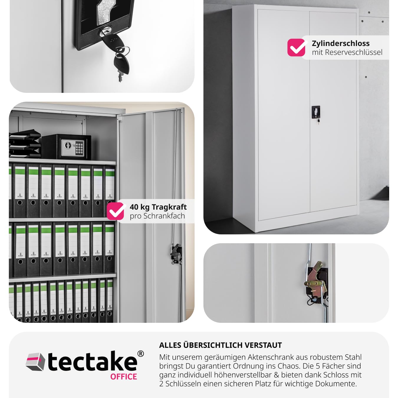 tectake® Aktenschrank, Büroschrank abschließbar, Mehrzweckschrank aus Stahl, Allzweckschrank mit 2 Türen, inkl. 3 höhenverstellbare Einlegeböden, Aktenschrank abschließbar 180x80x40 cm - grau