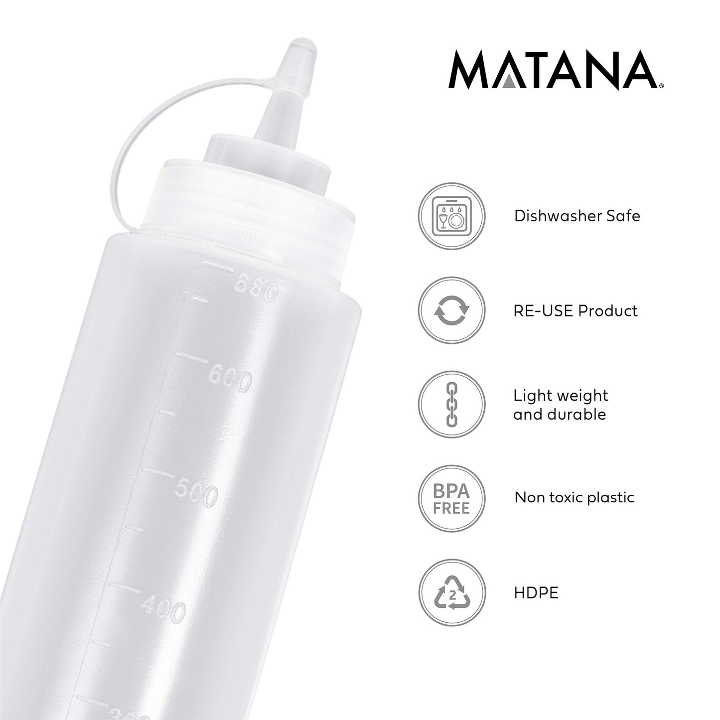 MATANA 8 Große Quetschflaschen aus Kunststoff mit Kappen, XL 680ml - Squeeze Flaschen - Gewürze, Saucen, Ketchup, Dressings, Olivenöl – BPA-Frei & Spülmaschinenfest