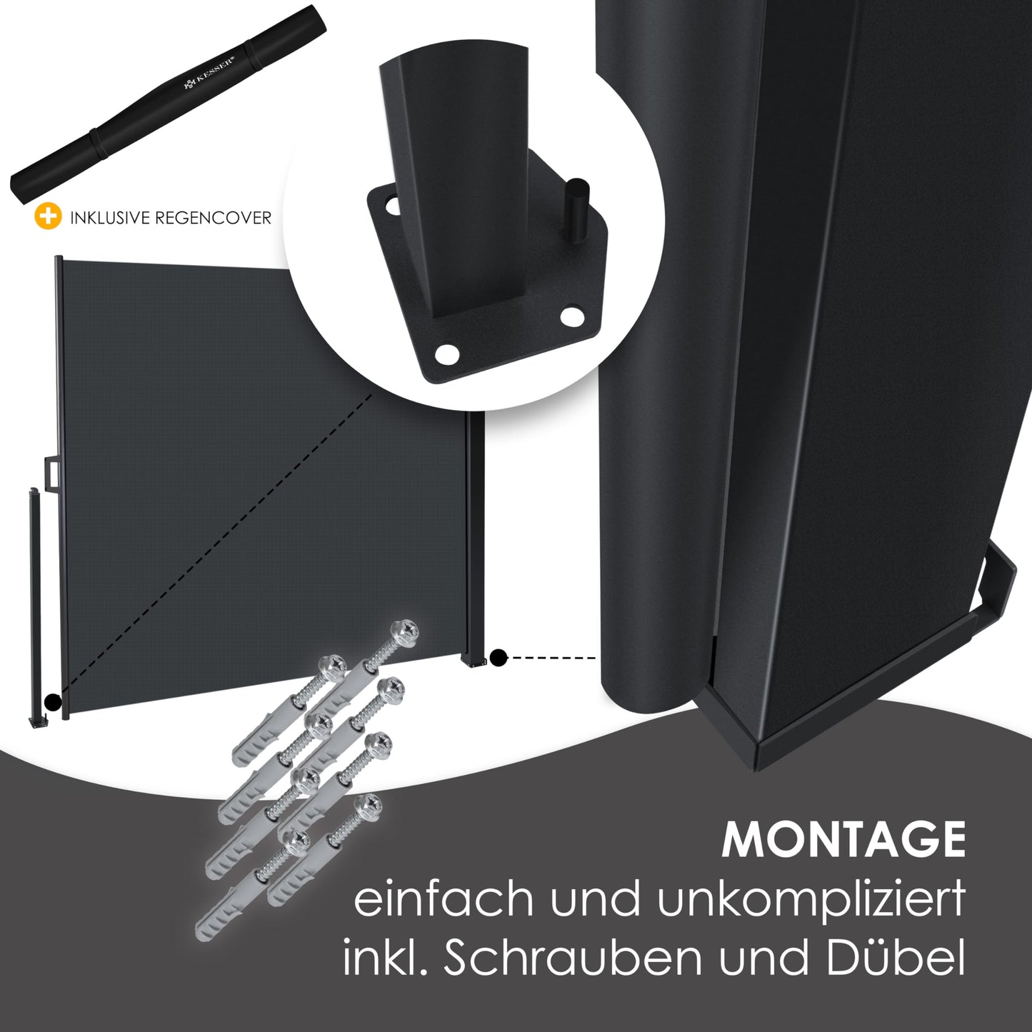 KESSER® Seitenmarkise ausziehbar Markise 180 x 300 cm Blickdicht Sichtschutz & Windschutz für Garten Balkon & Terrasse, Seitenrollo mit Wandhalterung, inkl. Wettercover Dunkelgrau