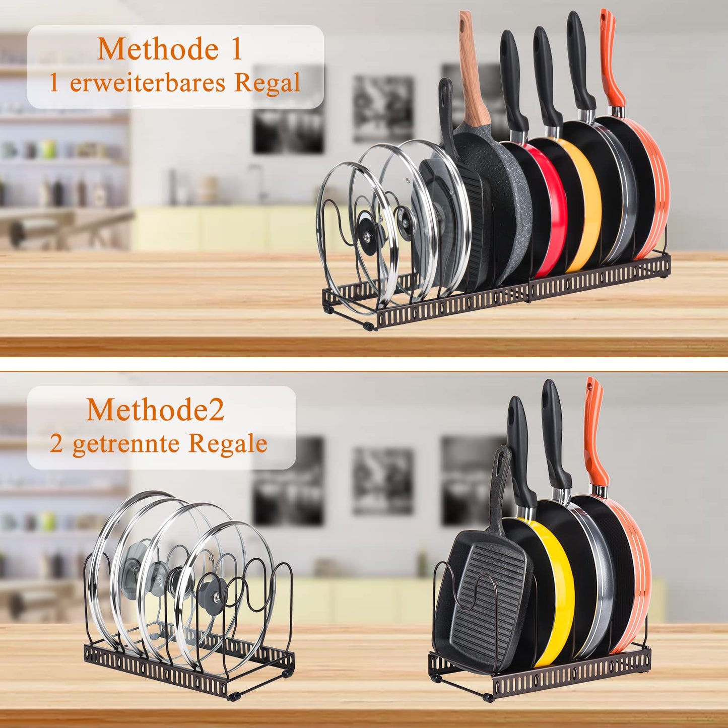 Toplife Verstellbarer Topfhalter, Aufbewahrung, Deckel, Topf mit 10 Fächern, Halterung aus Metall, Aufbewahrung für Küche, für Deckel, Pfannen, Organizer für Töpfe – Braun