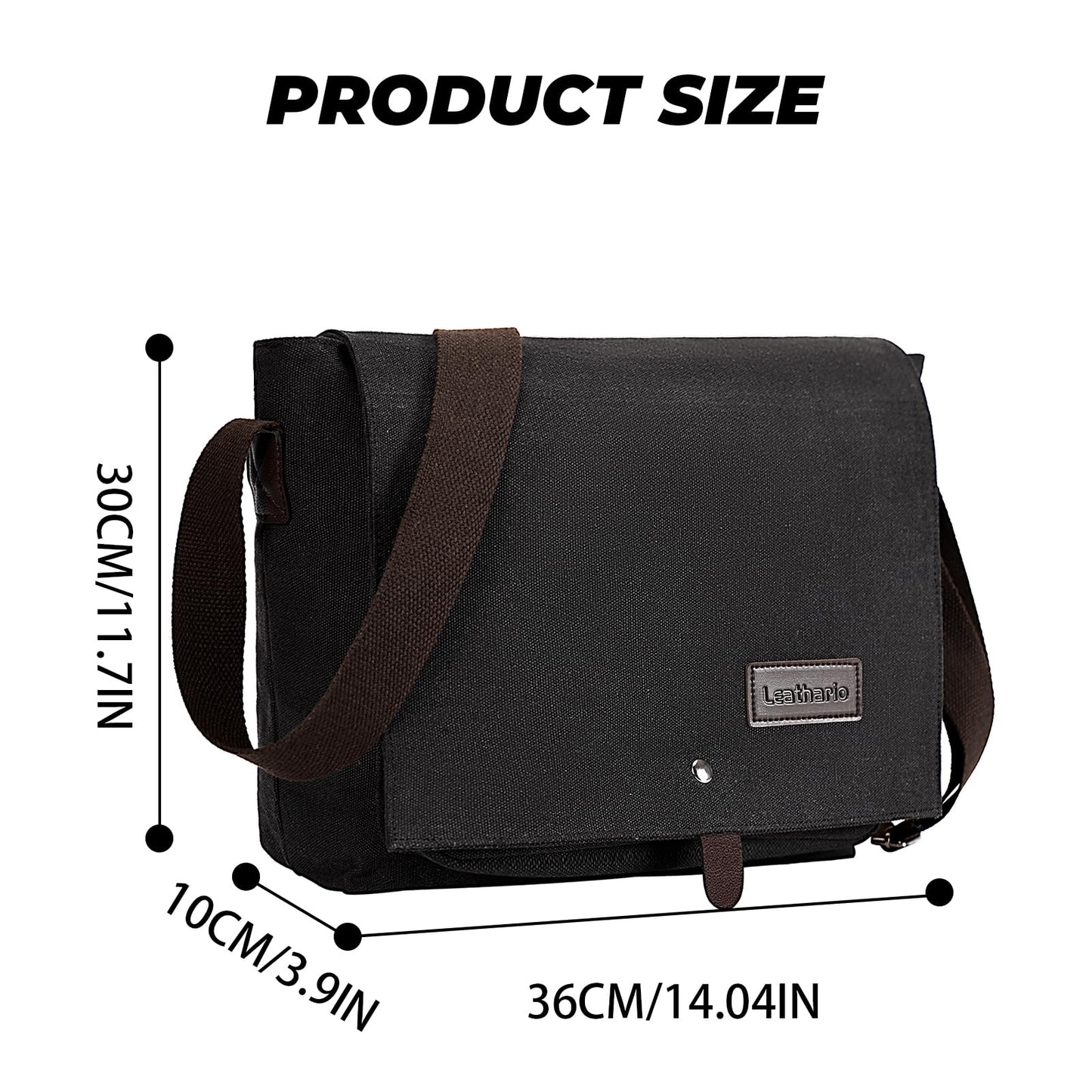 Leathario Umhängetasche Herren，Messenger Bag aus Canvas，Aktentsche Studententasche Laptoptasche 14 Zoll，Schultertasche Kuriertasche Herrentasche Collegetasche Uni Studenten Schwarz