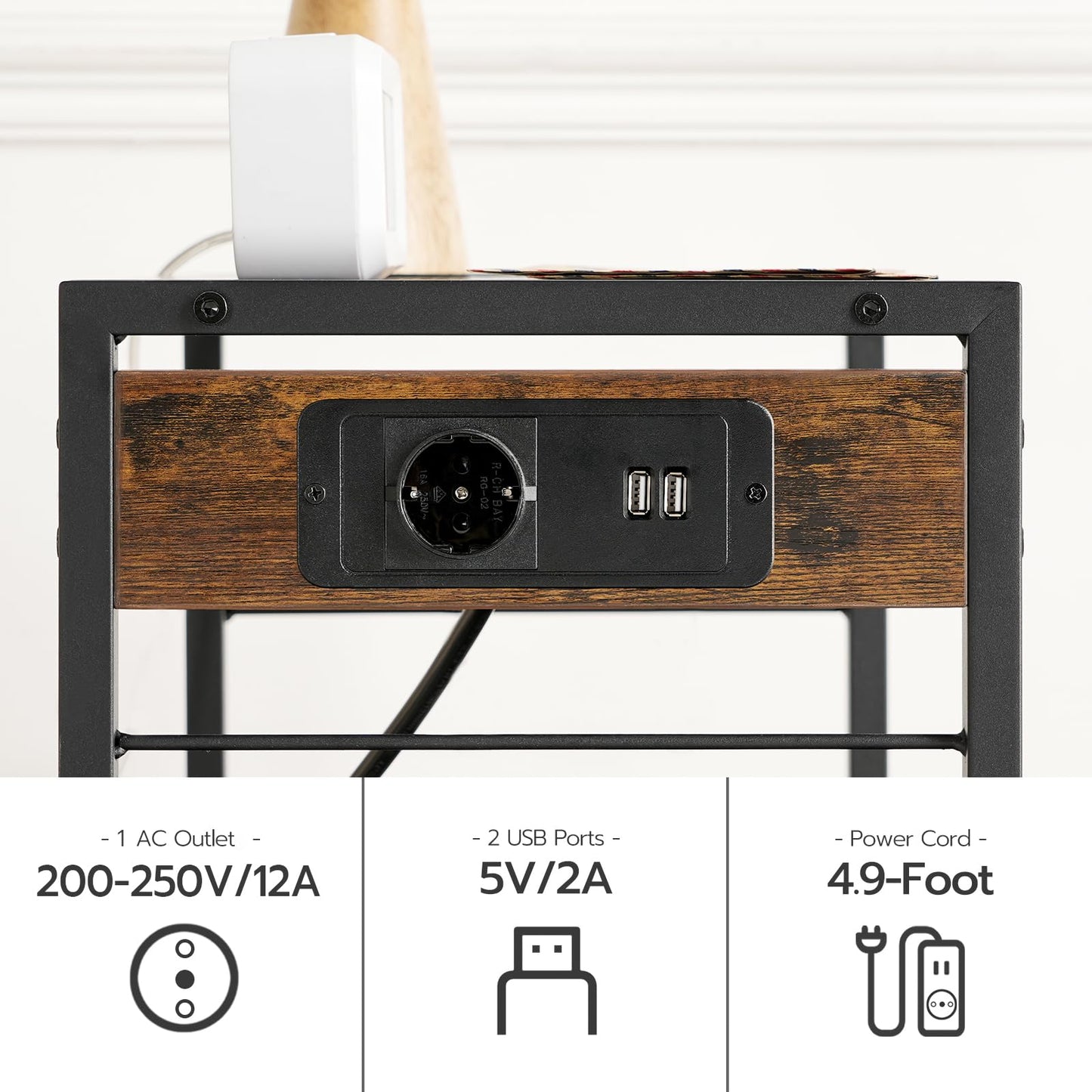 HOOBRO Druckerständer, 3-stufiger Druckerständer mit Ladestation, Lagerregal mit Rollen/verstellbaren Füßen, mit 2 Haken, für das Heimbüro, Vintagebraun und Schwarz EBF22CPS01