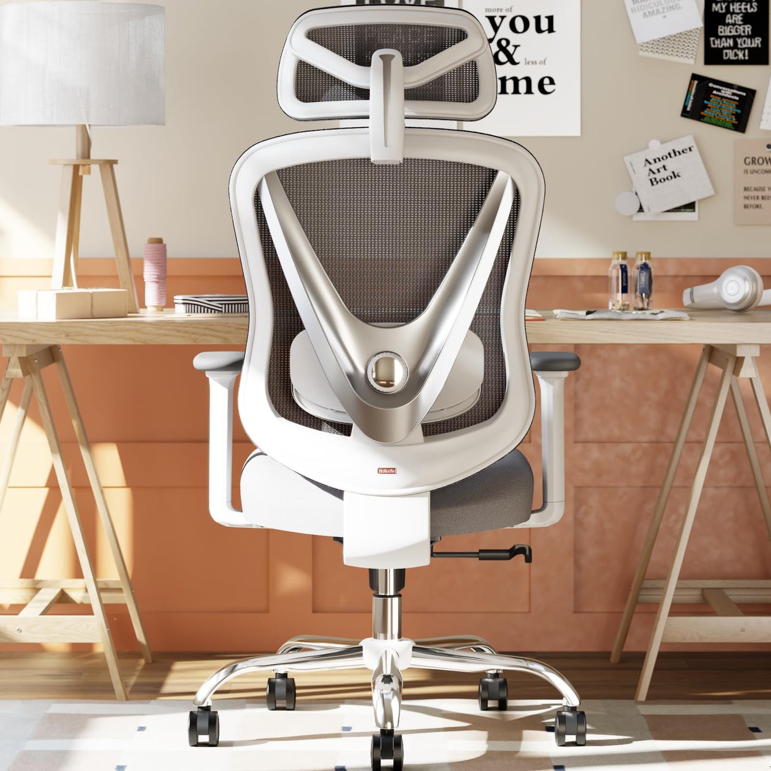 „HOLLUDLE Bürostuhl ergonomisch weiß 3D Lendenstütze“