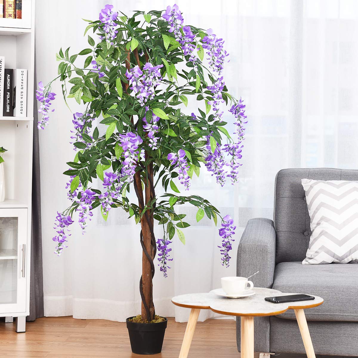 COSTWAY Kunstbaum mit Blüten, Kunstpflanze im Topf, Zimmerpflanze mit natürlichen Blättern & 3 Stämmen, Künstlicher Baum Kunstblume Lila, Dekopflanze künstlich, Zimmerpflanze Grünpflanze 150 cm