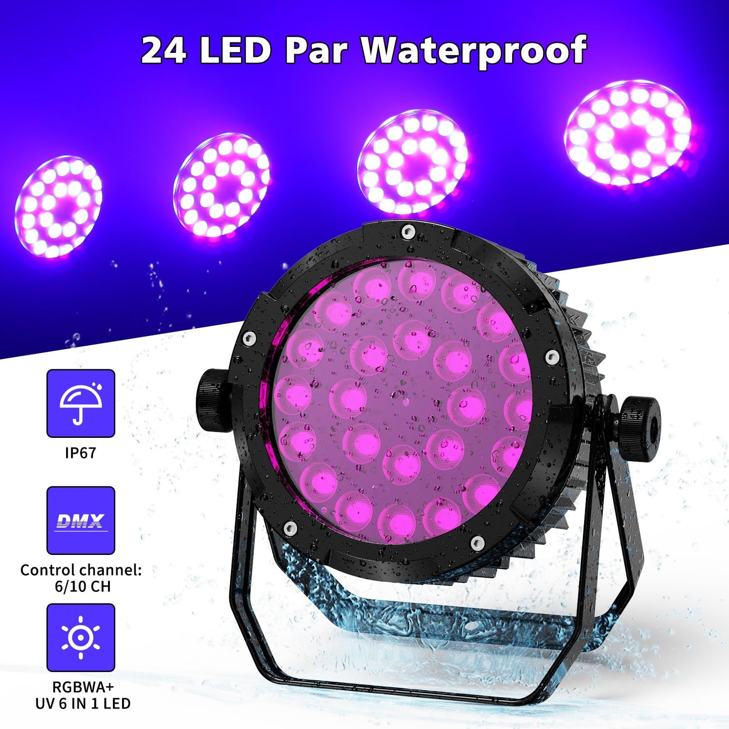 PUZILOZA IP67 Wasserdichtes Par Licht 24 LED, RGBWA+UV 6 IN 1 LED Par Scheinwerfer mit DMX Kabel, Unterstützung DMX 4/10CH, LED Bühnenlicht für Regentage Pools im Freien Dicso Party Bar