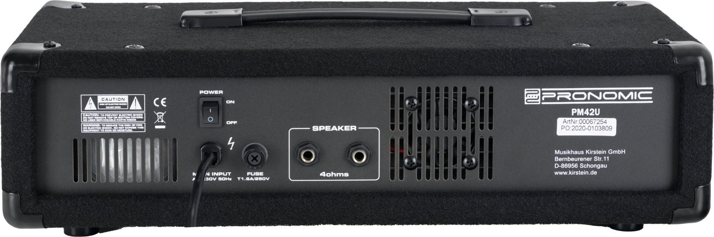 Pronomic PM42U MKII MP3 4-Kanal Powermischer - Mischpult mit Verstärker und integriertem USB/SD MP3-Player - 2x 100 Watt - Mic/Line/Instrument-Input - Powermixer mit 3-Band Graphic Equalizer