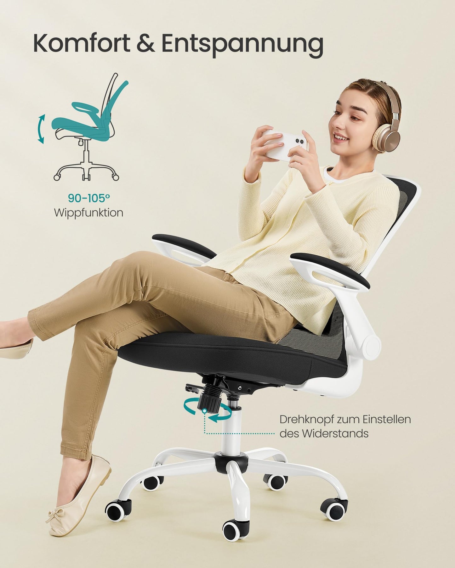 SONGMICS Ergonomischer Bürostuhl OBN37WT mit Lendenstütze & klappbaren Armlehnen, Schwarz-Weiß
