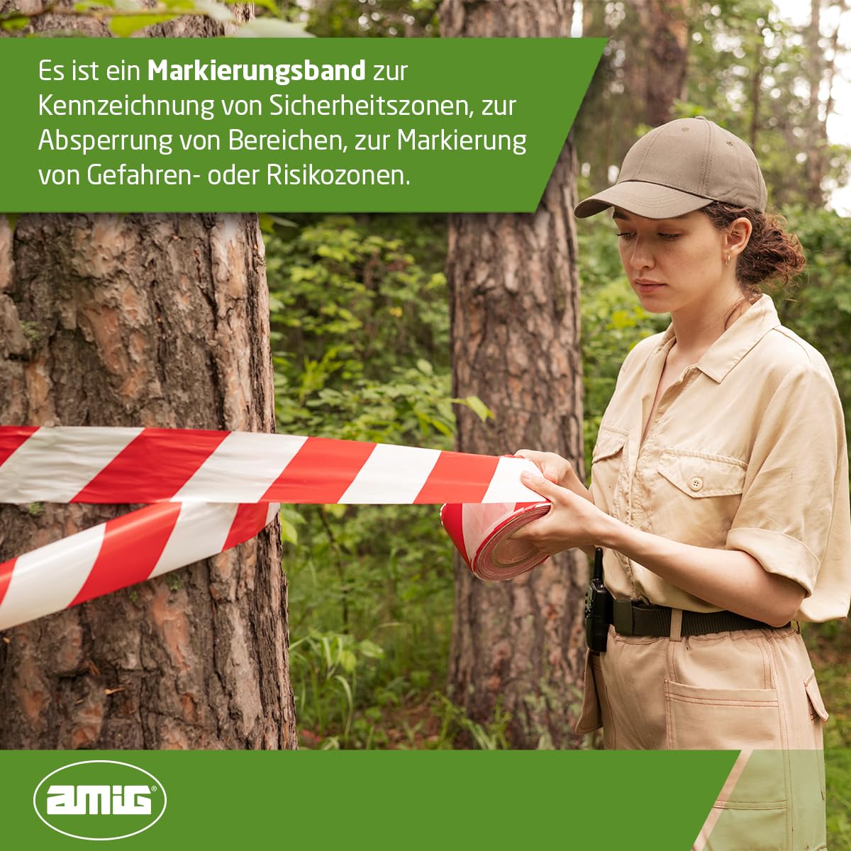Amig - Absperrband | Hergestellt aus Niederdruck - Polyethylen LDPE | Maße: 200 m Länge x 70 mm Breite | Signalband zur Abgrenzung von Sicherheitsbereichen | Farbe: Rot und Weiß