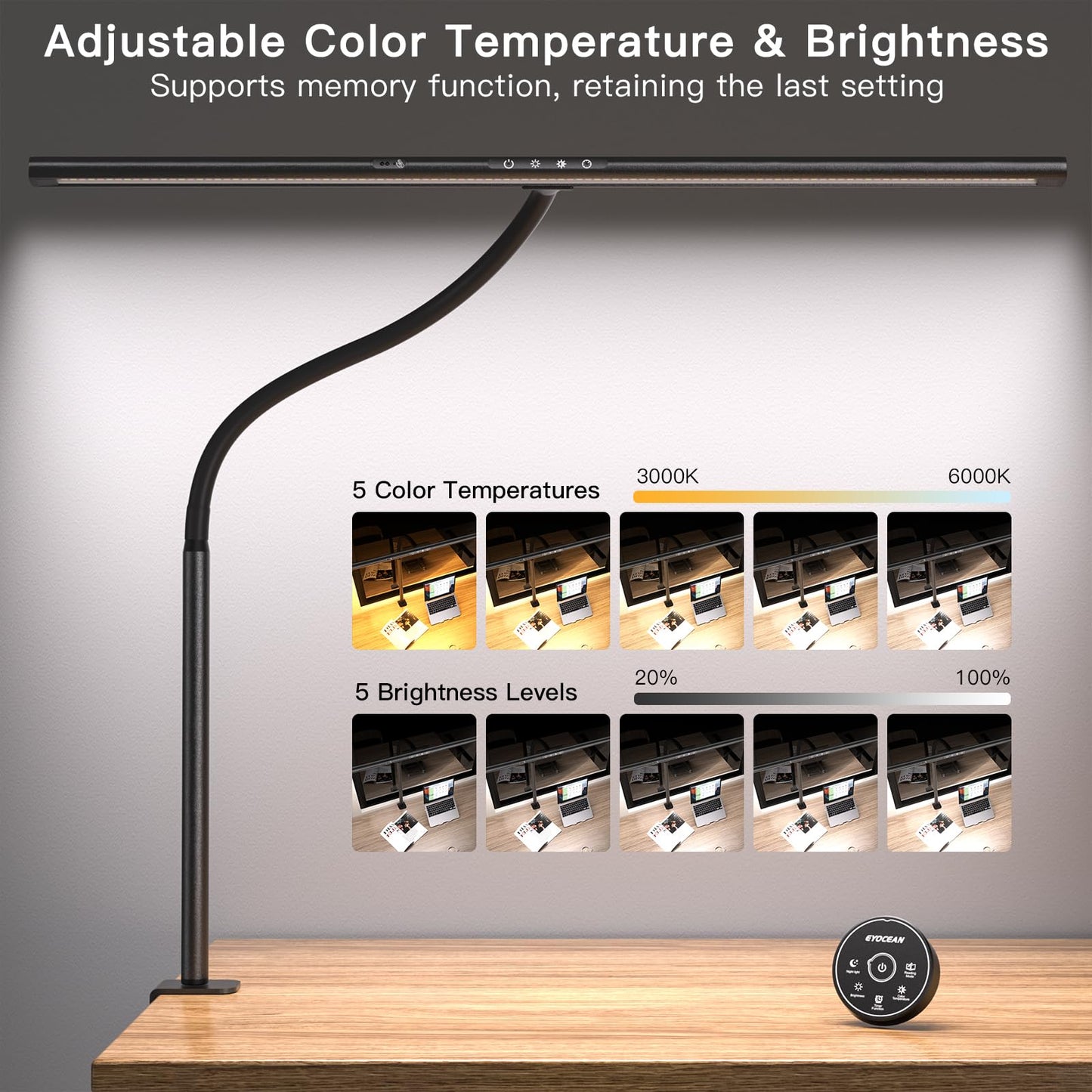 EYOCEAN Schreibtischlampe LED mit Gestensteuerung & Fernbedienung, 24W 80CM Klemmbare Dimmbare Monitor Lampe, Tageslichtlampe für Arbeiter in Büro Leser Architekenden Schneider